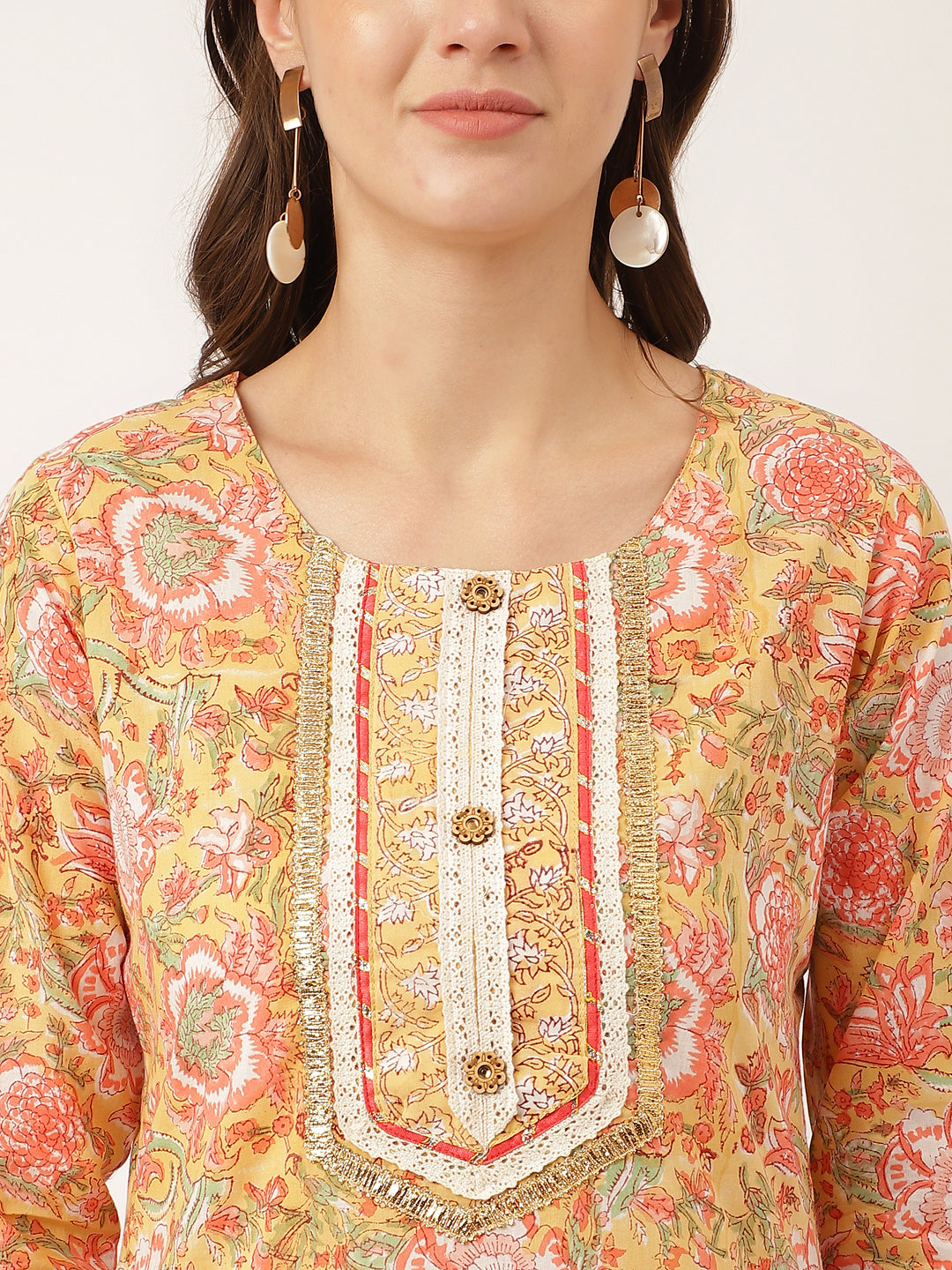 Yellow Hand Block Floral Print Cotton Kurta with Trouser and Dupatta, decorative placket