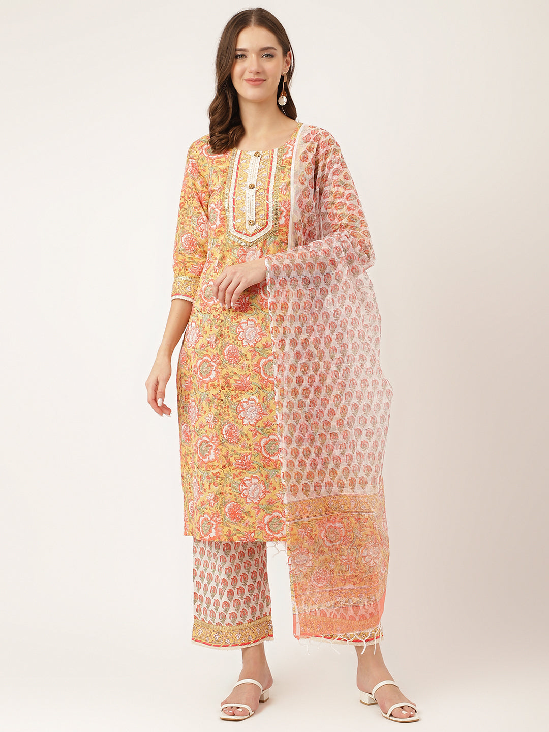 Woman in Peach Yellow Hand Block Floral Print Cotton Kurta with Trouser and Dupatta