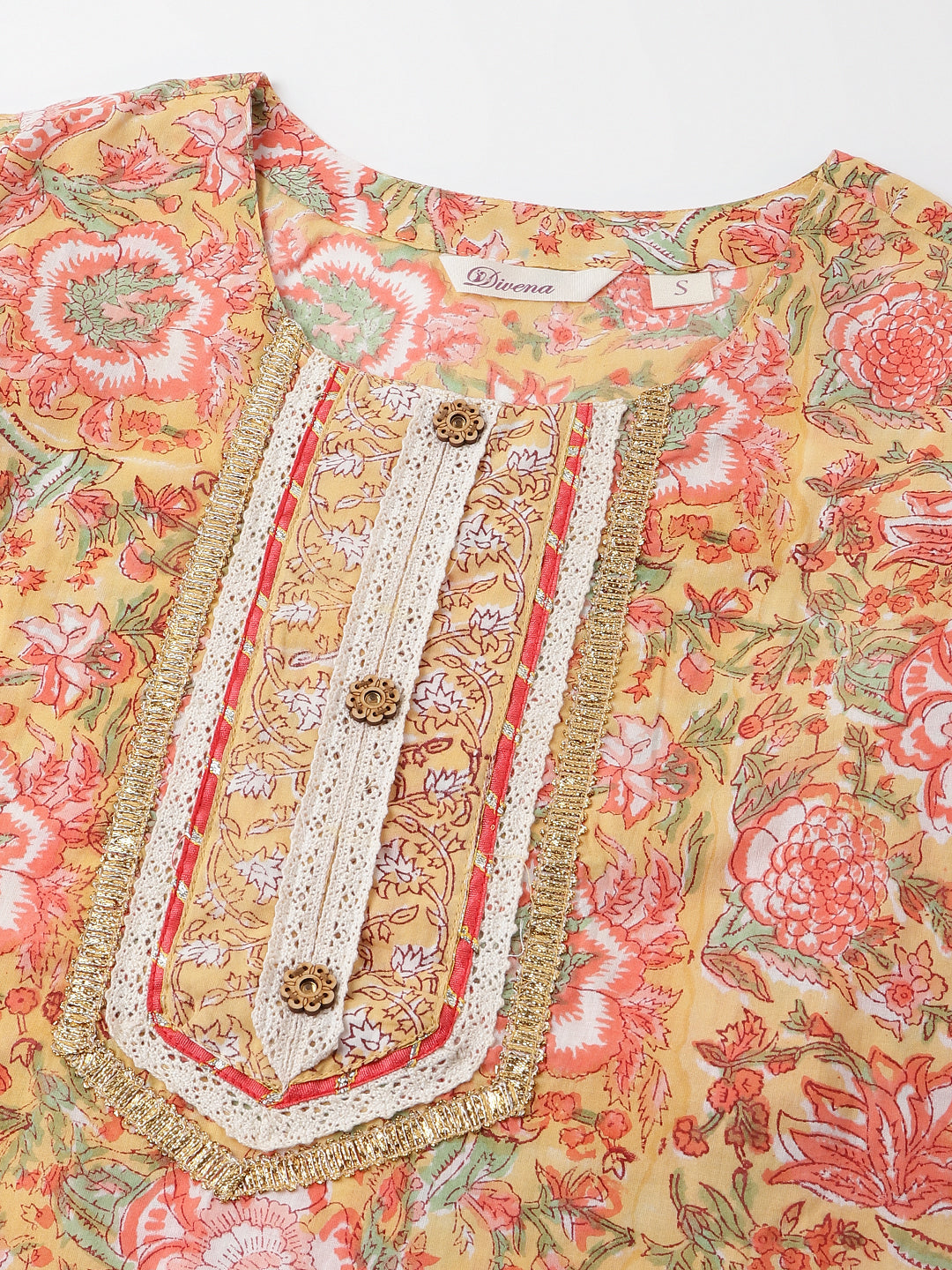 Floral-patterned blouse with embroidered placket in Yellow Hand Block Floral Print Cotton Kurta