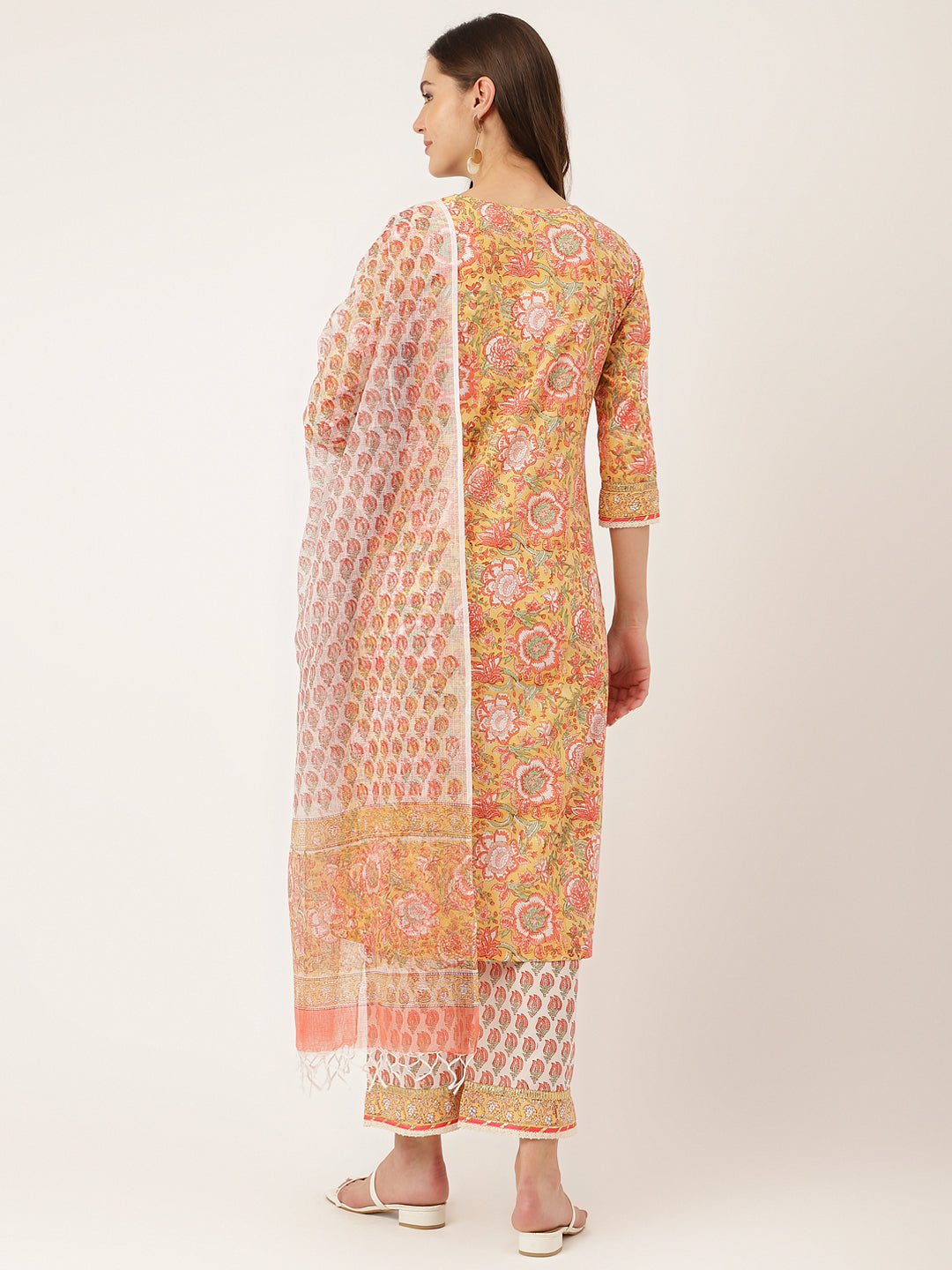 Colorful Hand Block Floral Print Cotton Kurta with Trouser and Matching Dupatta