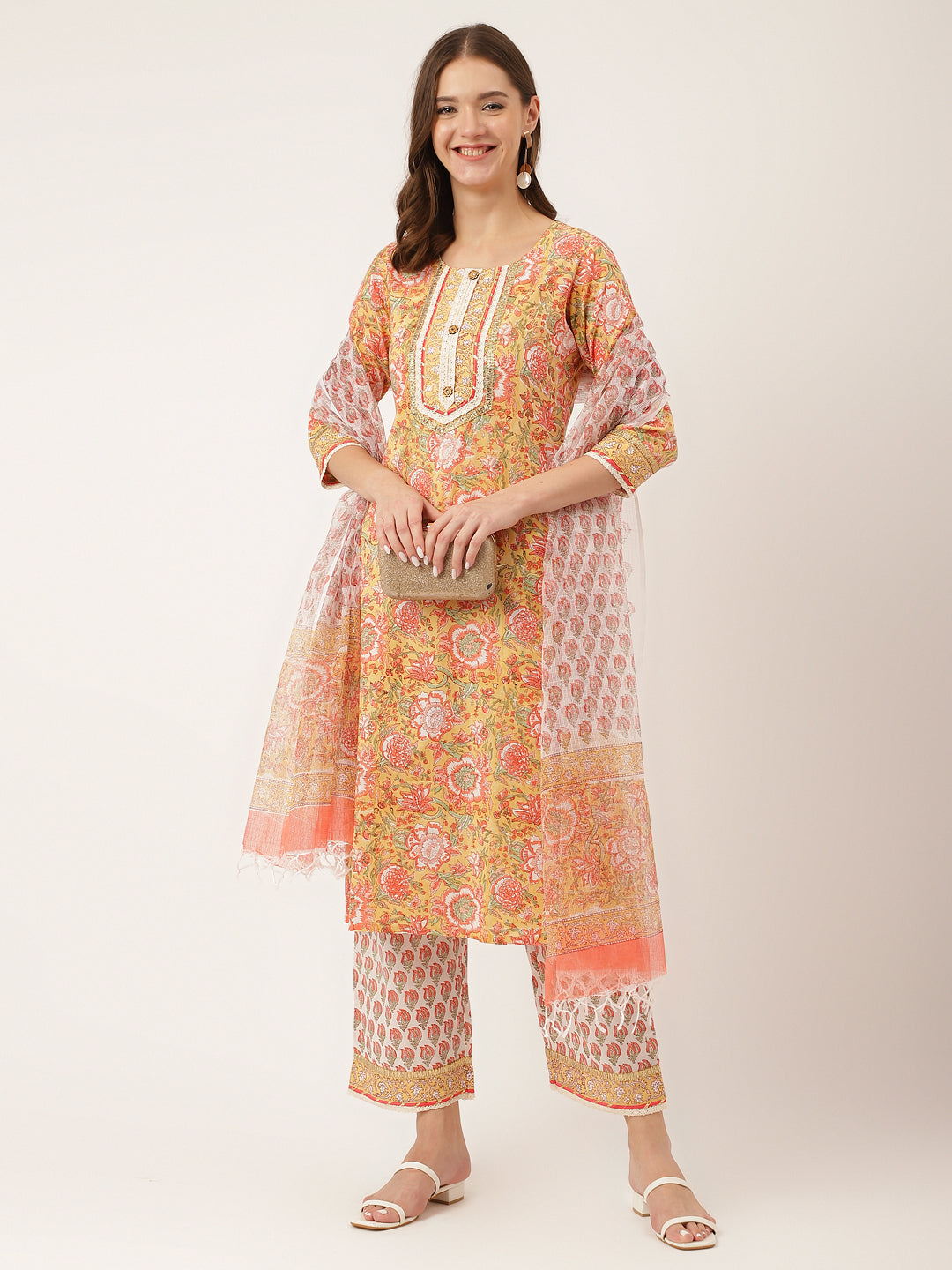 Colorful Hand Block Floral Print Cotton Kurta with Trouser and Matching Dupatta