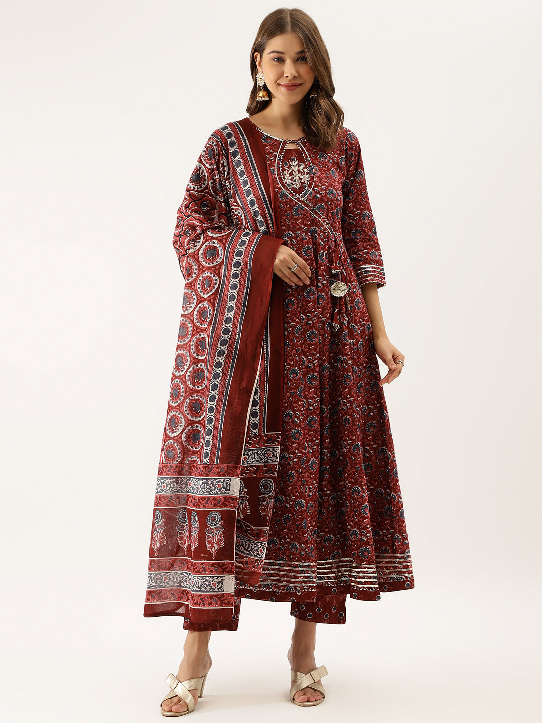 Maroon Floral Printed Cotton Anarkali Kurta Set with matching dupatta display