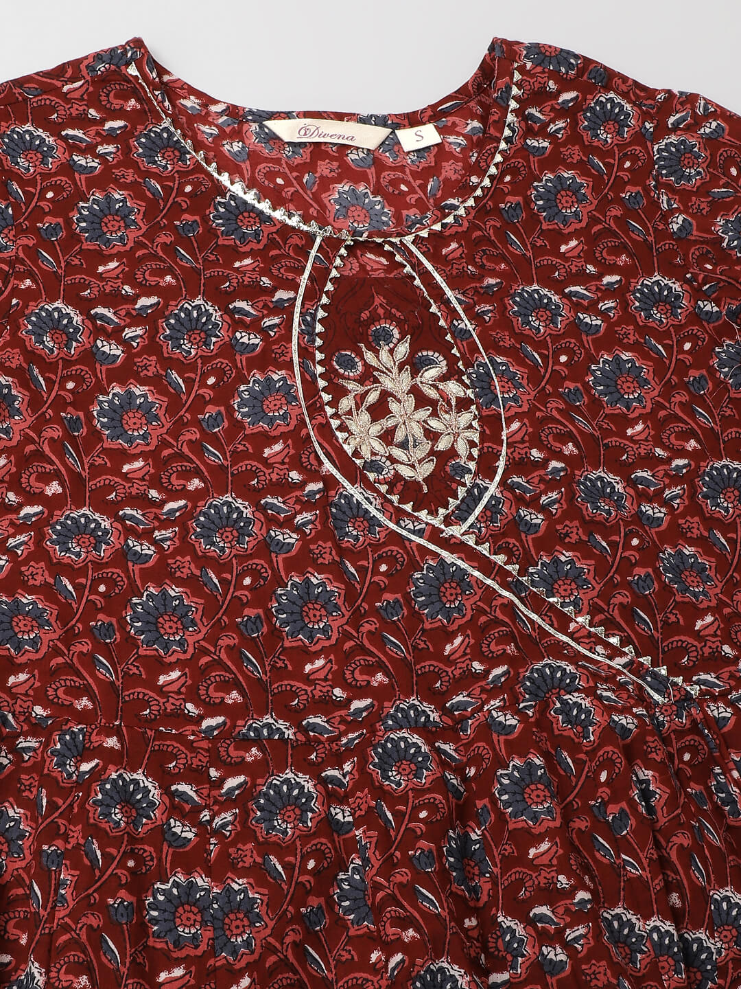 Maroon floral printed Cotton Anarkali Kurta with embroidered neckline and matching dupatta