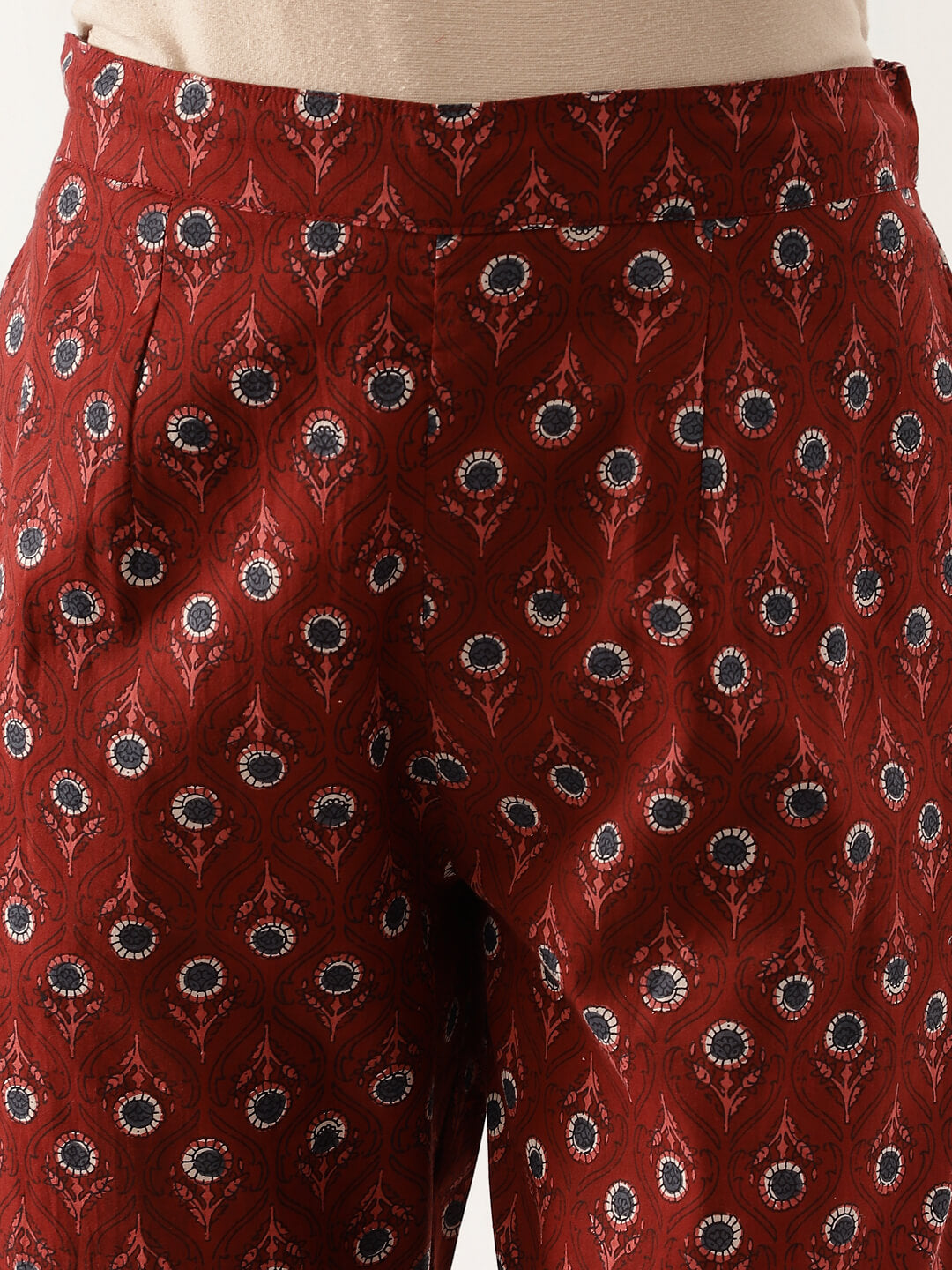 Pair of red patterned trousers with peacock feather motif for Maroon Floral Printed Cotton Anarkali