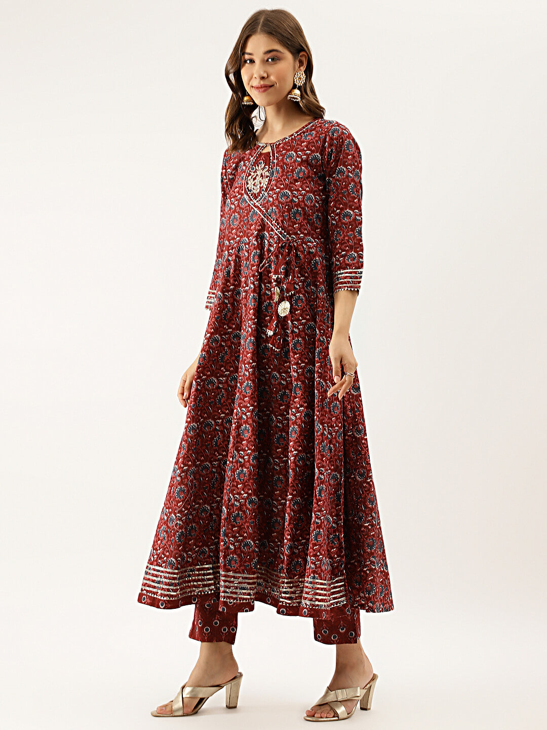 Long, flowy Maroon Floral Printed Cotton Anarkali Kurta Set with matching pants and dupatta