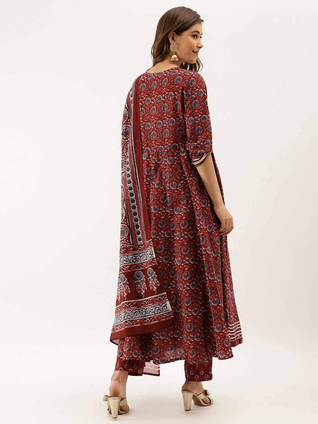 Red floral printed cotton Anarkali kurta set with contrasting border patterns