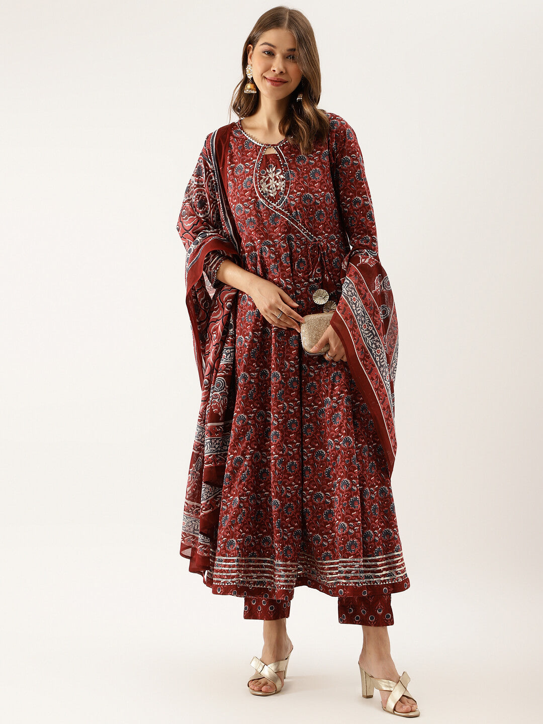 Ornate maroon floral printed cotton Anarkali kurta set with wide sleeves and matching pants