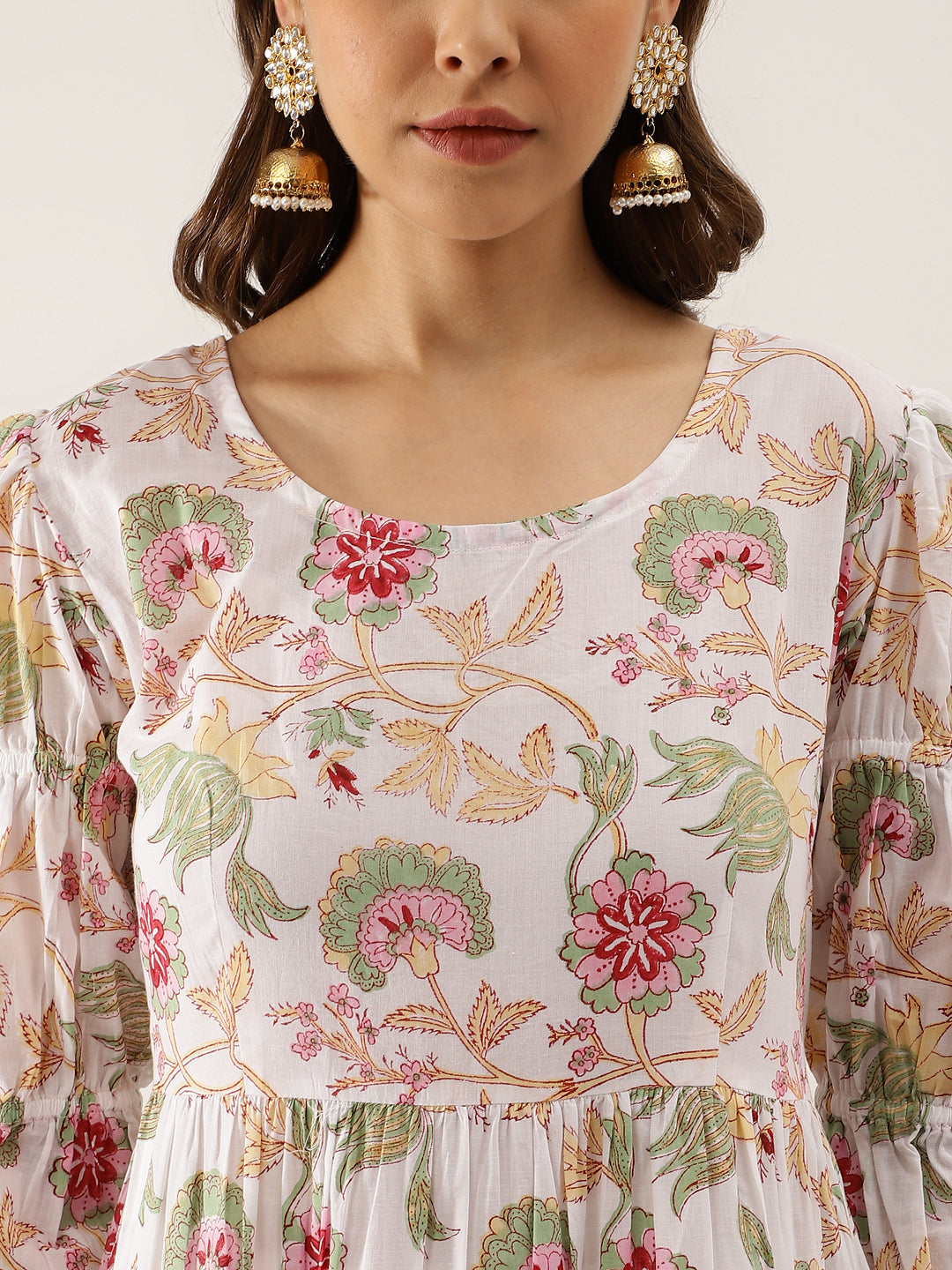 Floral-patterned white dress featuring handblock floral printed designs and bell sleeves