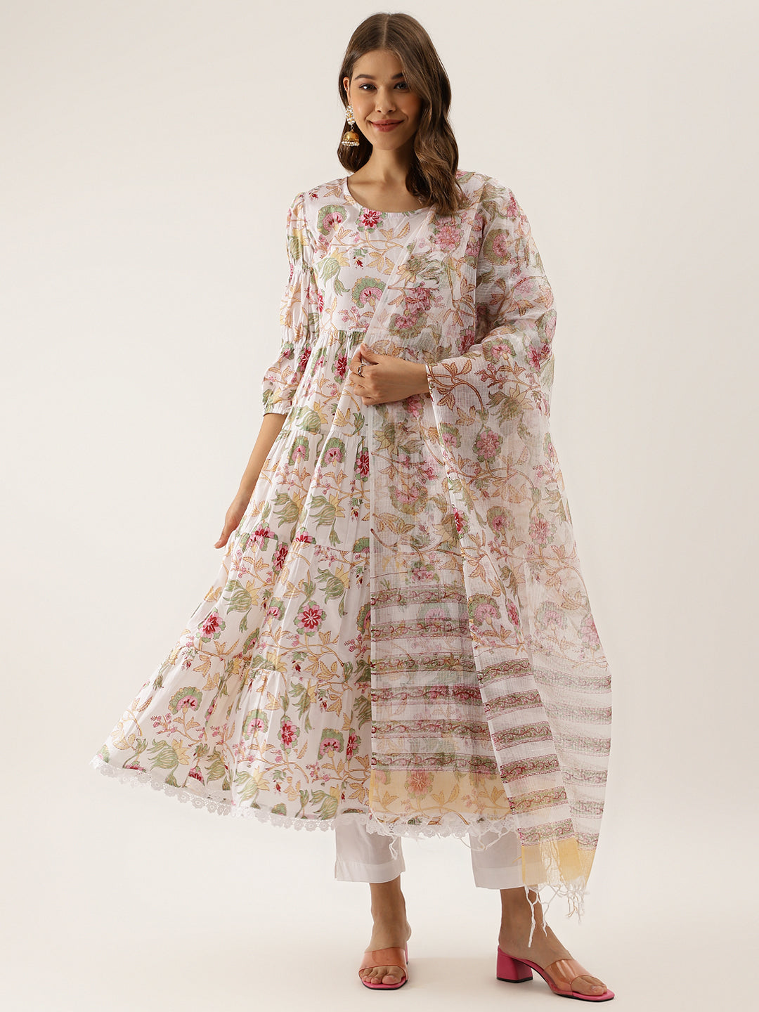 White Handblock Floral Printed Cotton Anarkali Kurta Set with Sheer Overlay and Sleeves