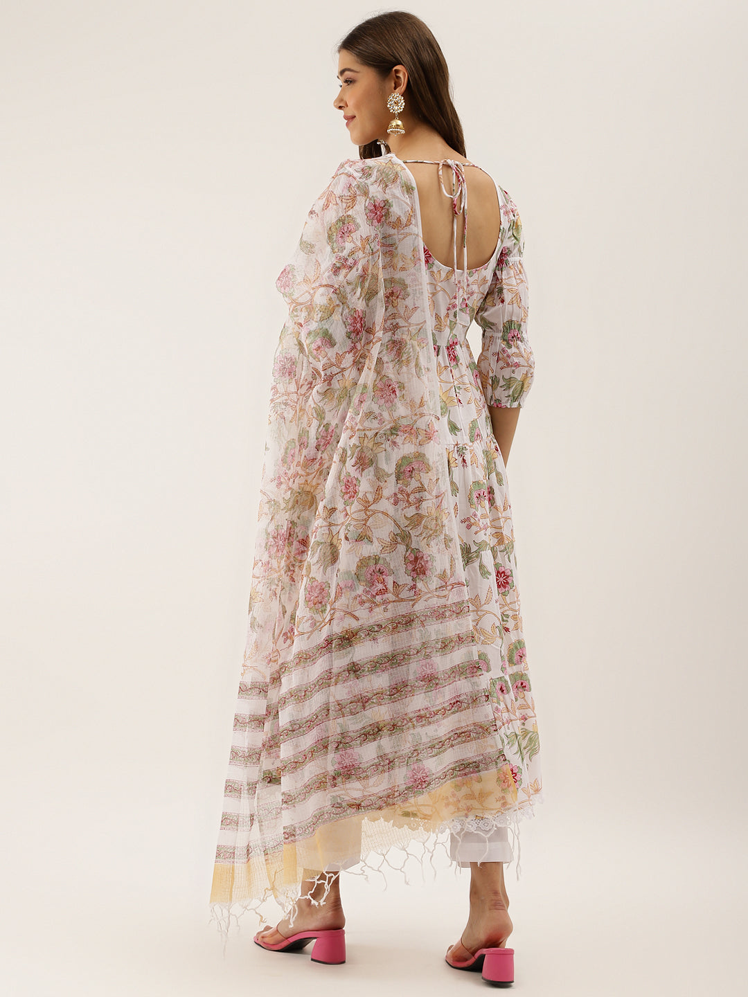 Floral print sheer overlay dress with long sleeves in White Handblock Floral Printed Cotton Anarkali Kurta