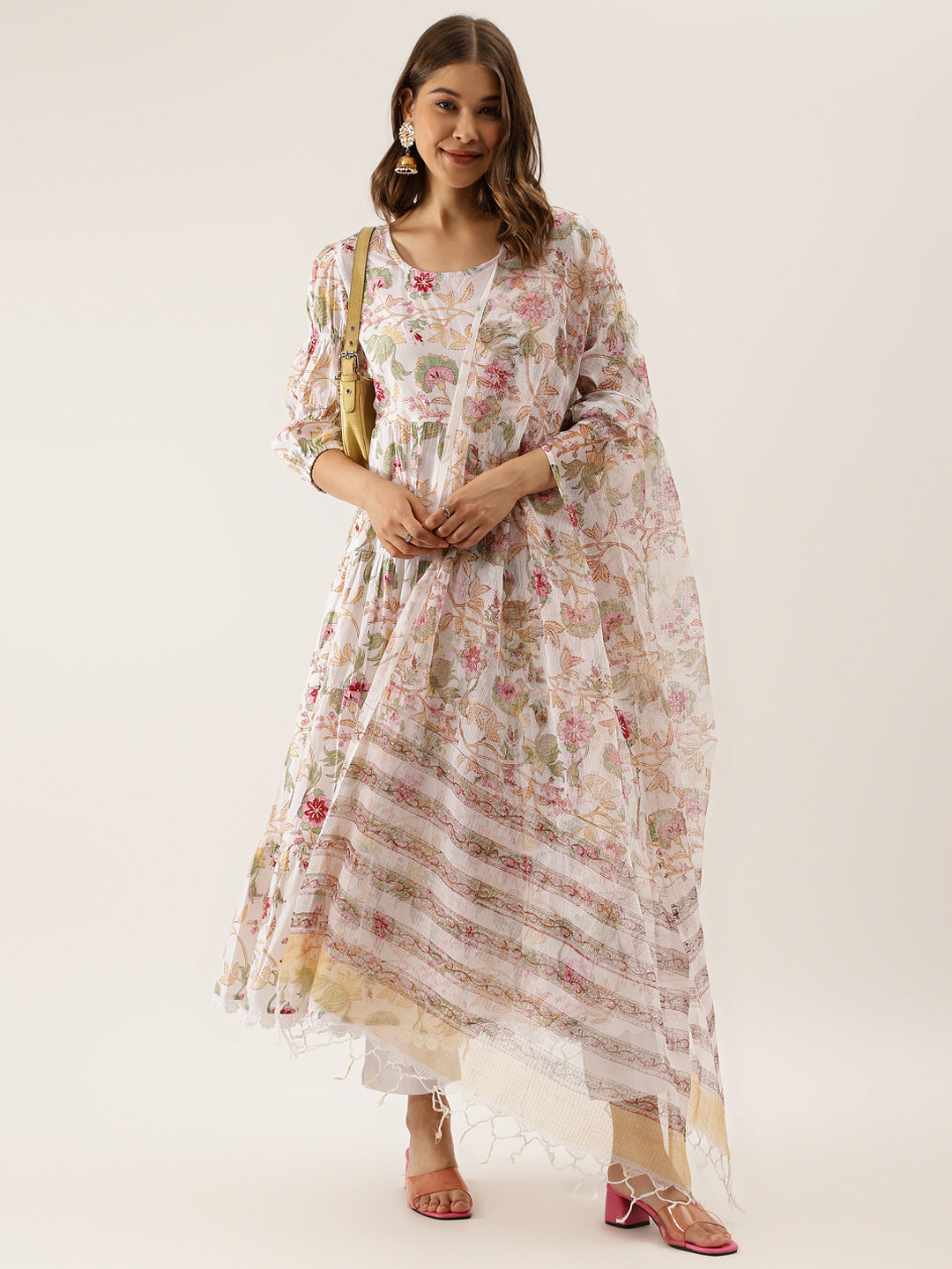 Floral printed maxi dress with flared sleeves from White Handblock Floral Anarkali Kurta Set