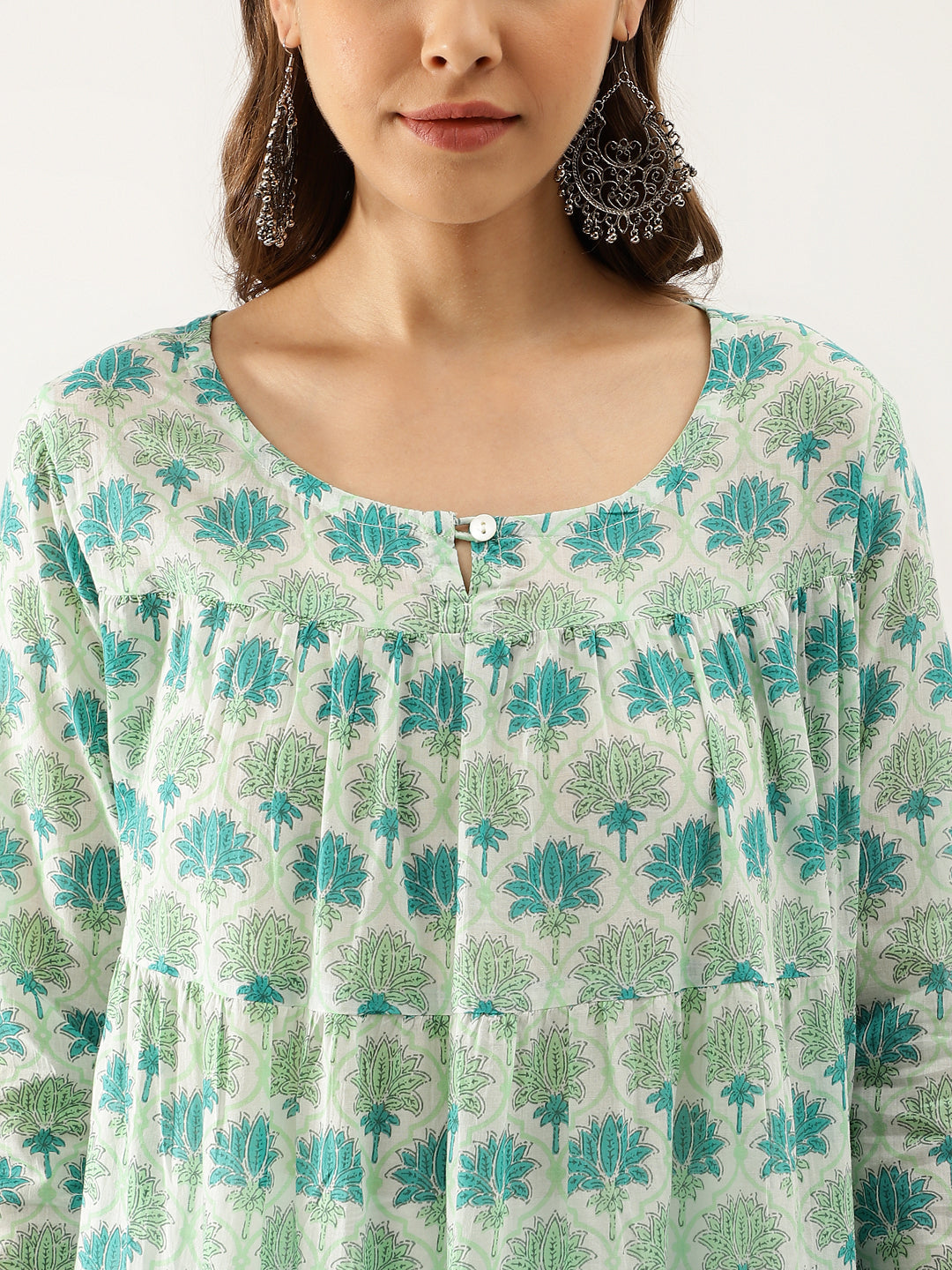 Floral print blouse with scoop neckline from Green Handblock Floral Printed Cotton Kurta set