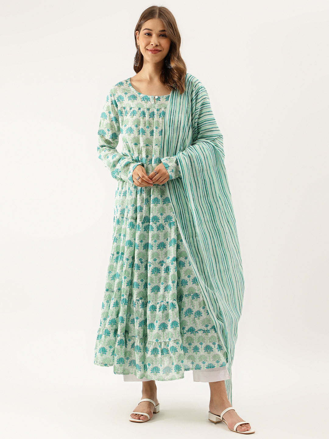 Mint green and white printed cotton kurta set with handblock floral design and dupatta