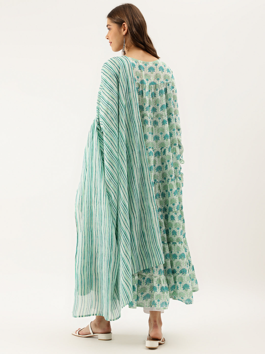 Flowing mint green and white patterned kaftan from a Green Handblock Floral Printed Cotton Kurta set