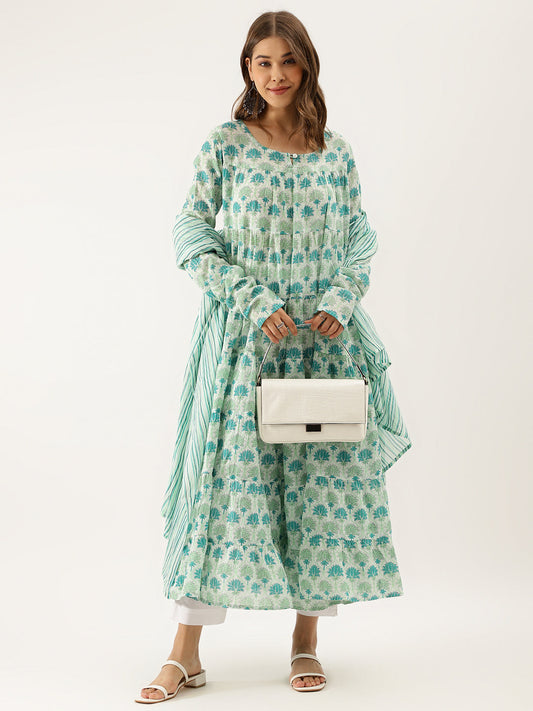 Long-sleeved mint green floral printed cotton kurta set with gathered waist and dupatta