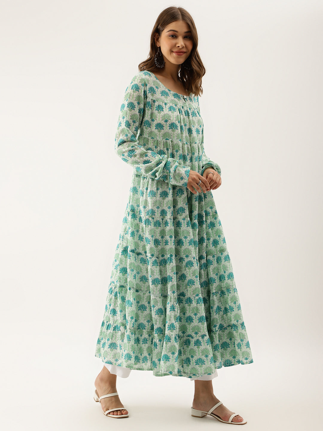 Long-sleeved maxi dress featuring Green Handblock Floral pattern on white background