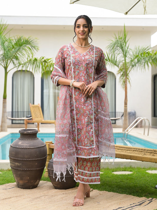 Woman in a pink floral embroidered salwar kameez from a Maroon Floral Print Cotton Handblock Kurta Set