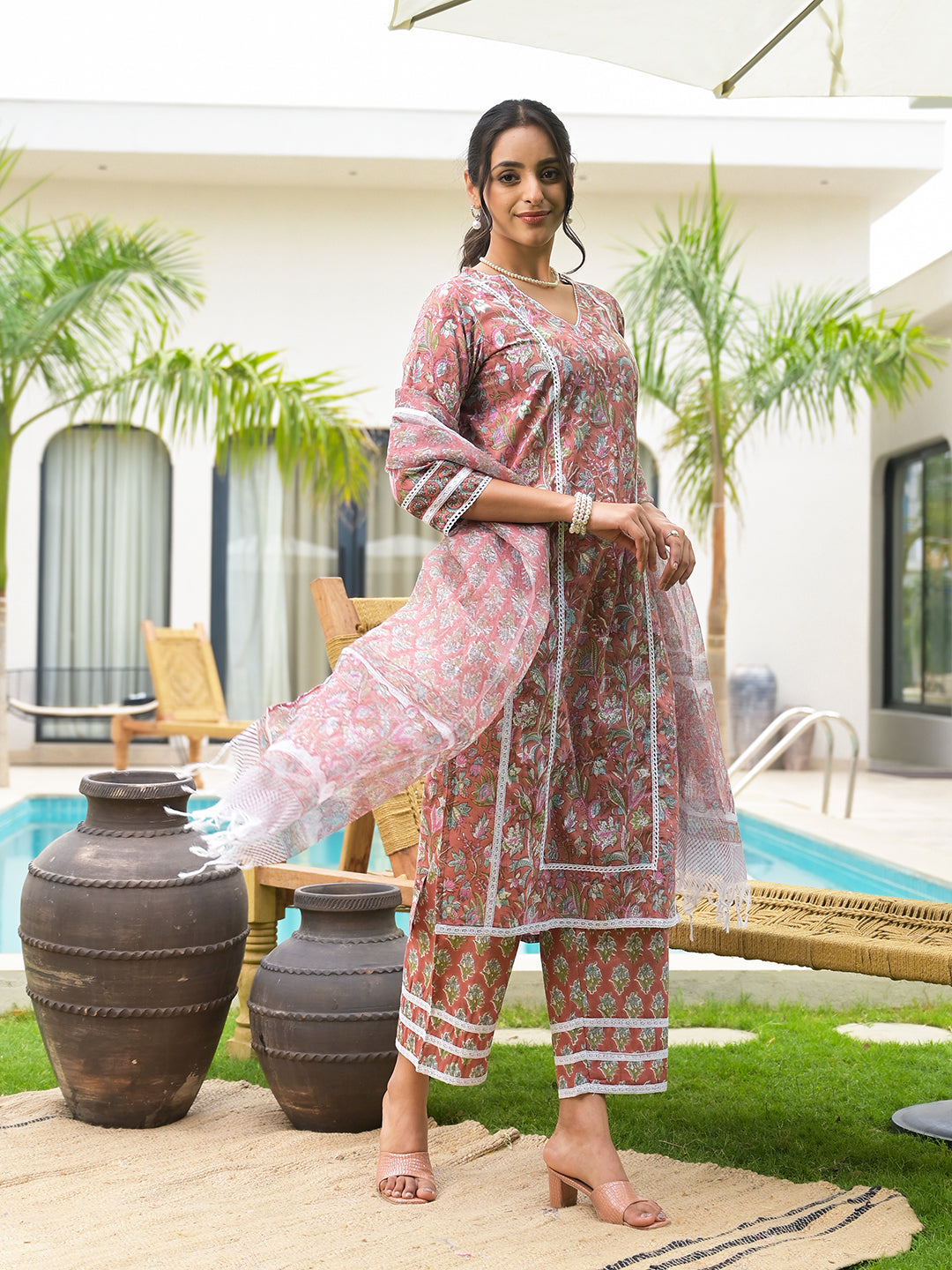 Pink floral patterned Salwar Kameez with sheer dupatta in Maroon Floral Print Cotton Handblock Kurta Set