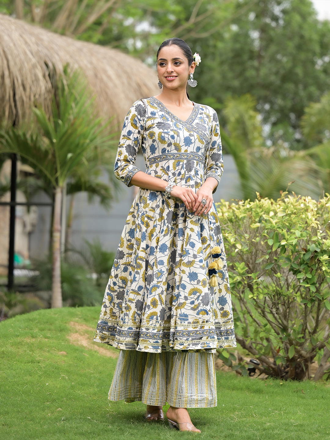 Floral Print Cotton Kurta Sharara Set for women with matching Palazzo Pants in Offwhite