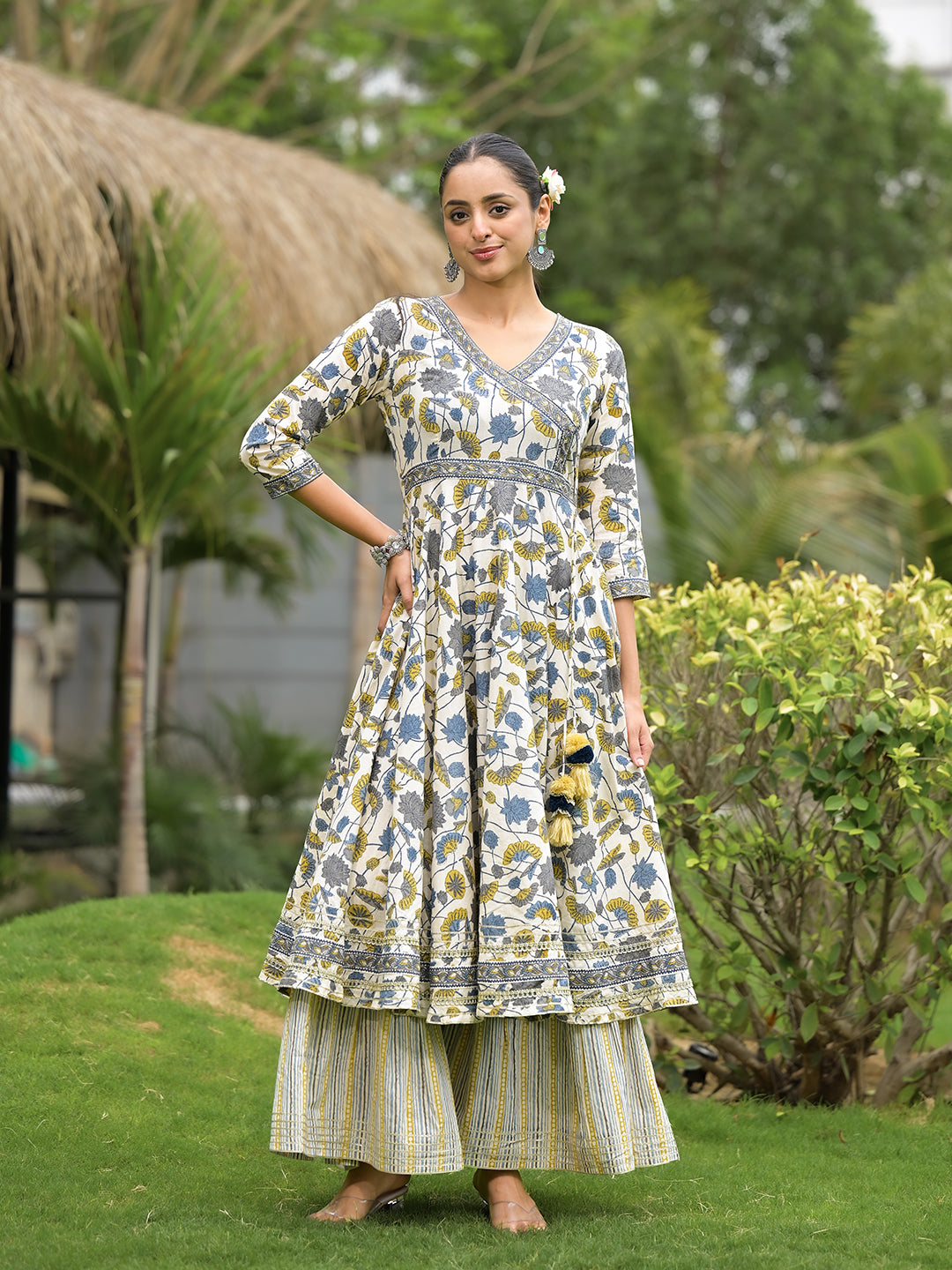 Floral Print Cotton Kurta Sharara Set styled over Striped Palazzo Pants for Women