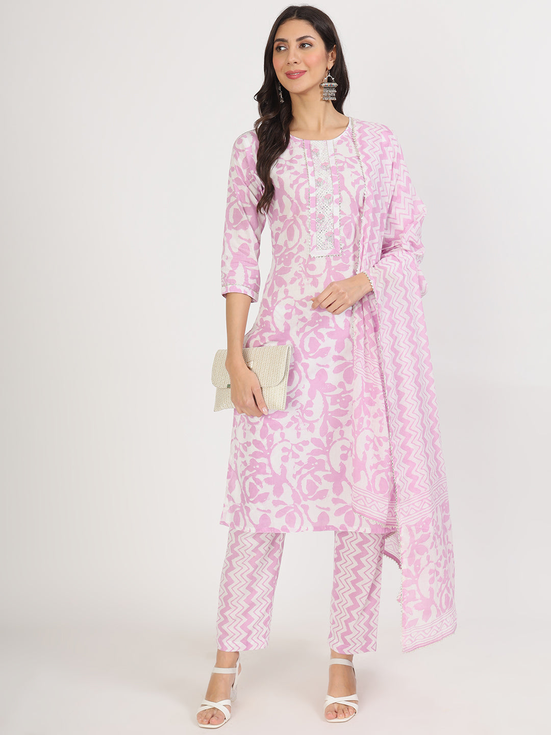 Pink and white floral patterned Salwar Kameez with matching dupatta in purple floral print