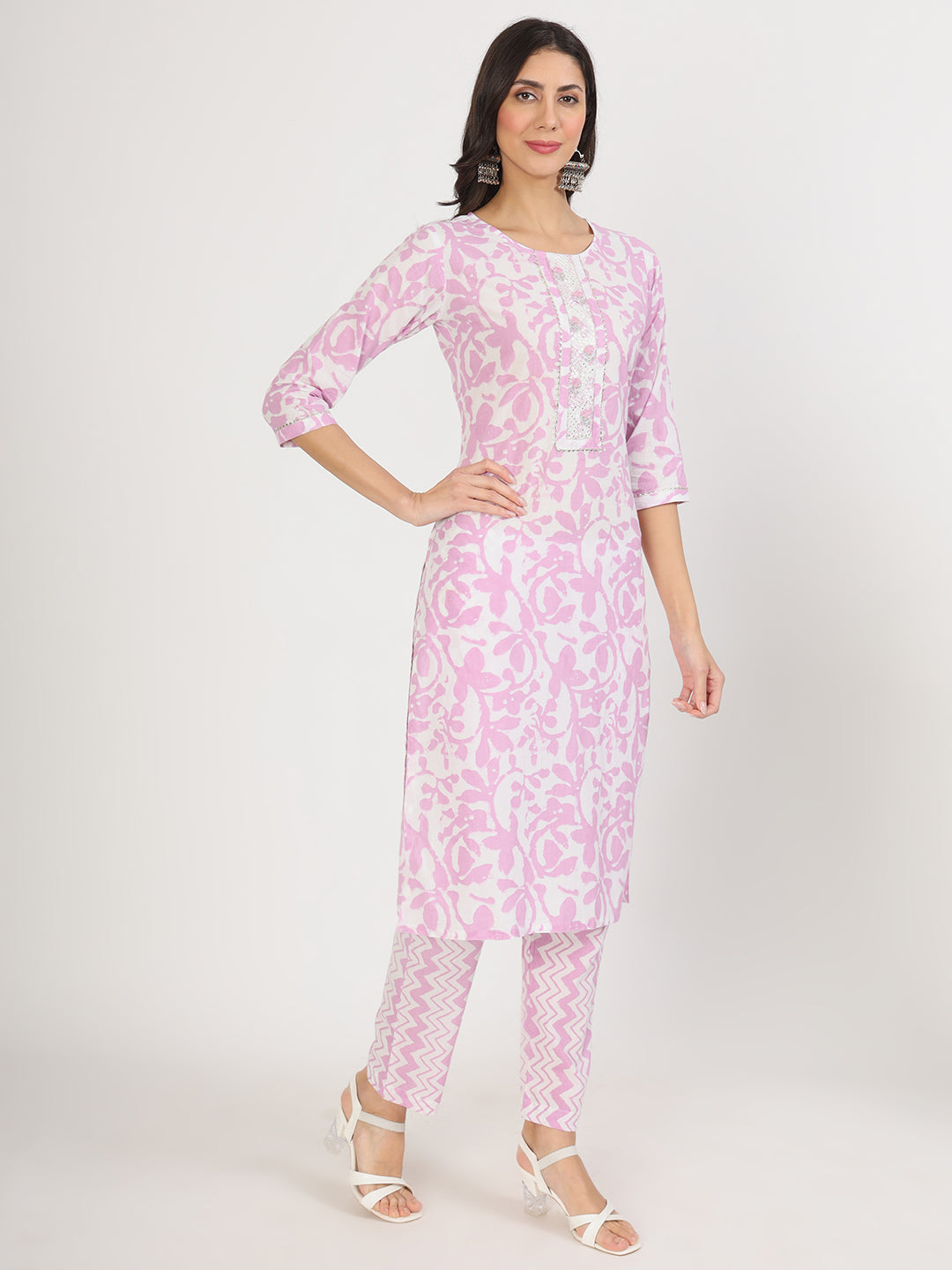 Pink and white floral patterned salwar kameez with purple floral print cotton kurta pant