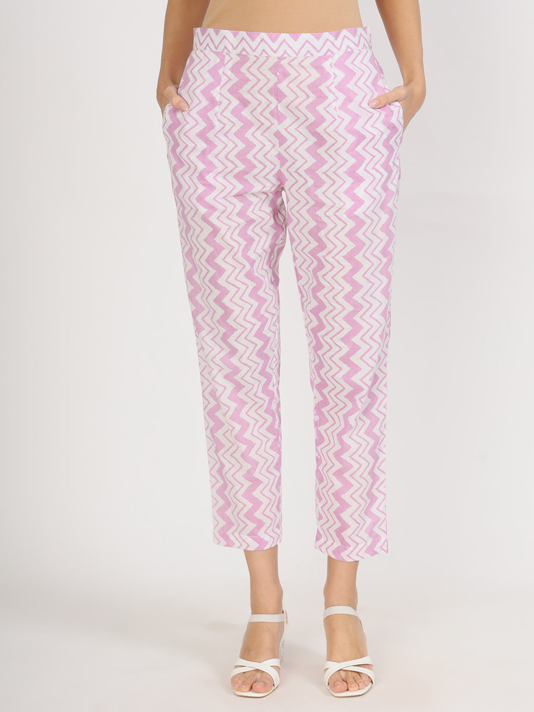 Pink and white patterned cropped pants with pockets from Purple Floral Print Cotton Kurta set