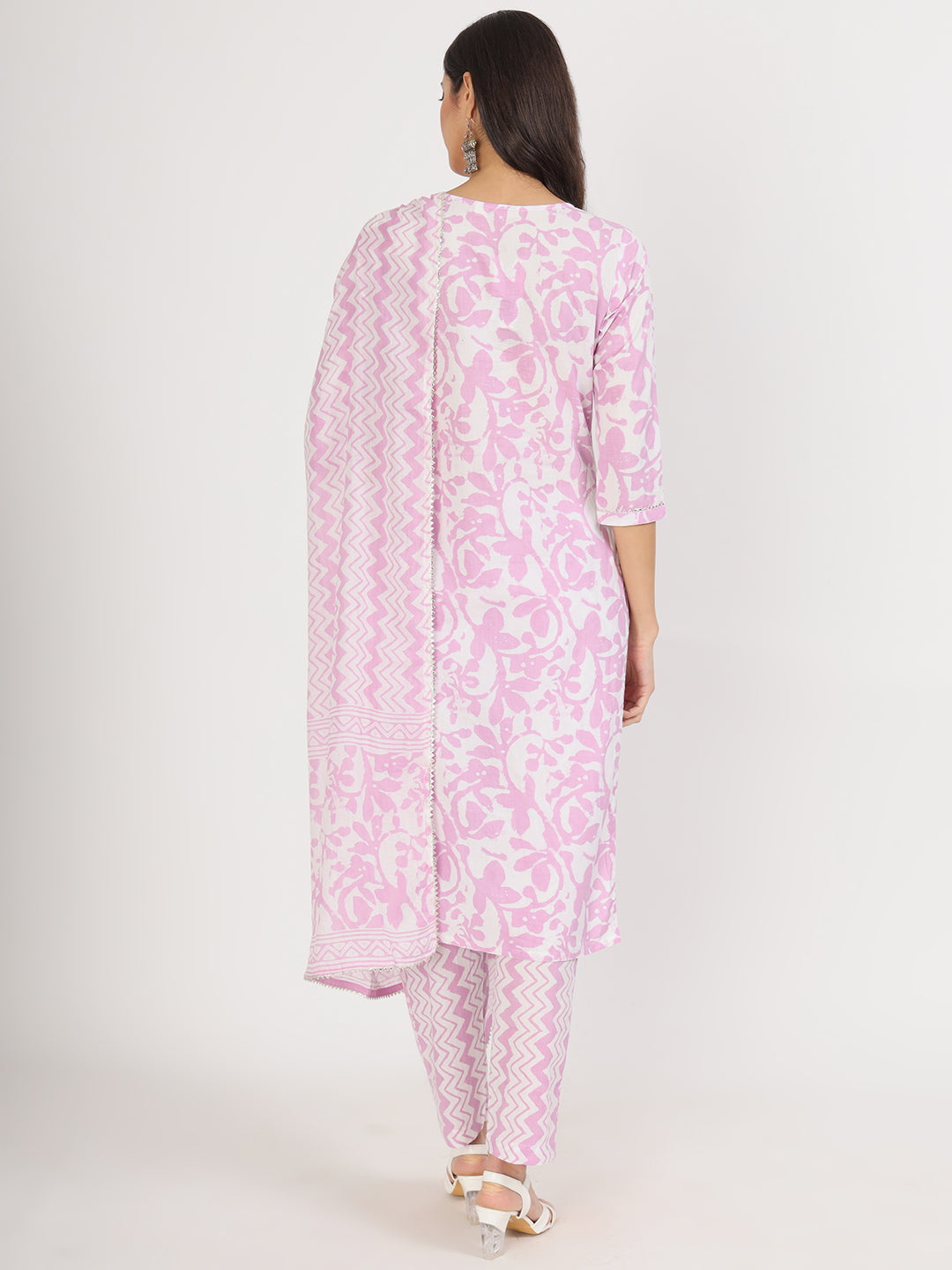 Pink and white floral patterned cotton kurta pant with dupatta set in purple floral print