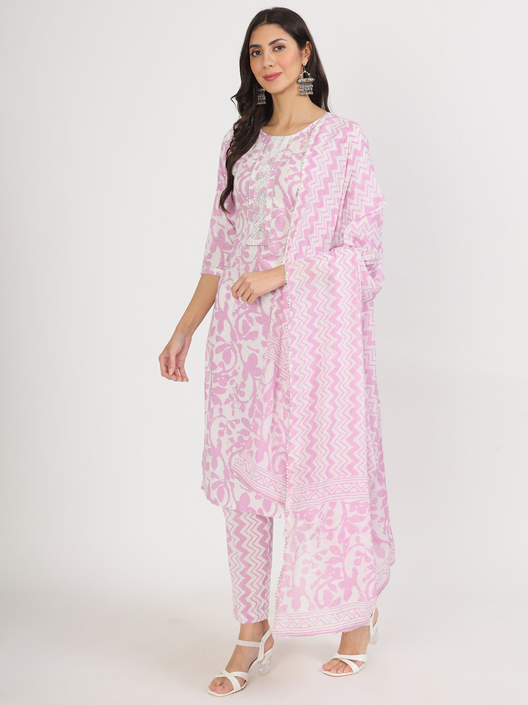 Pink floral patterned salwar kameez outfit with purple floral print cotton kurta pant set