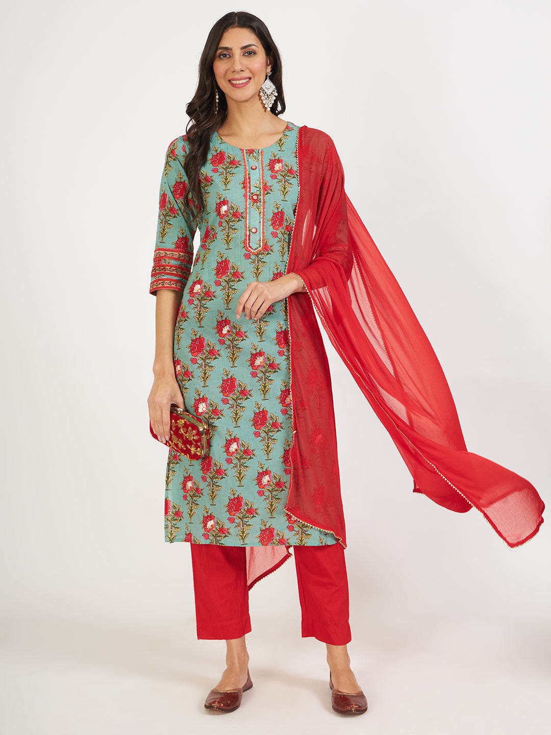 Green Floral Print Cotton Kurta Pant with Dupatta Set, stylish kurta for women