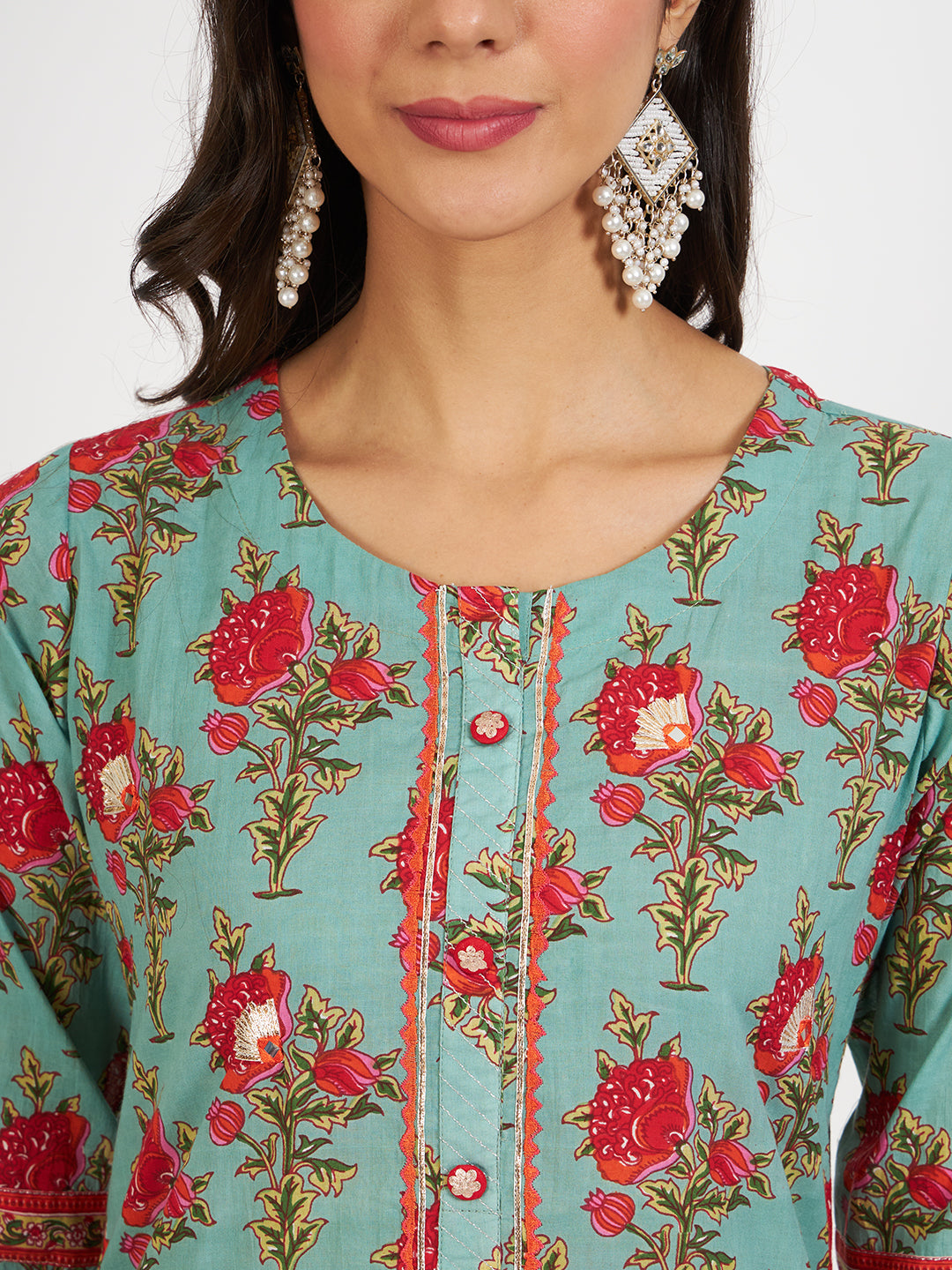 Floral-patterned turquoise top with red rose motifs in Green Floral Print Cotton Kurta