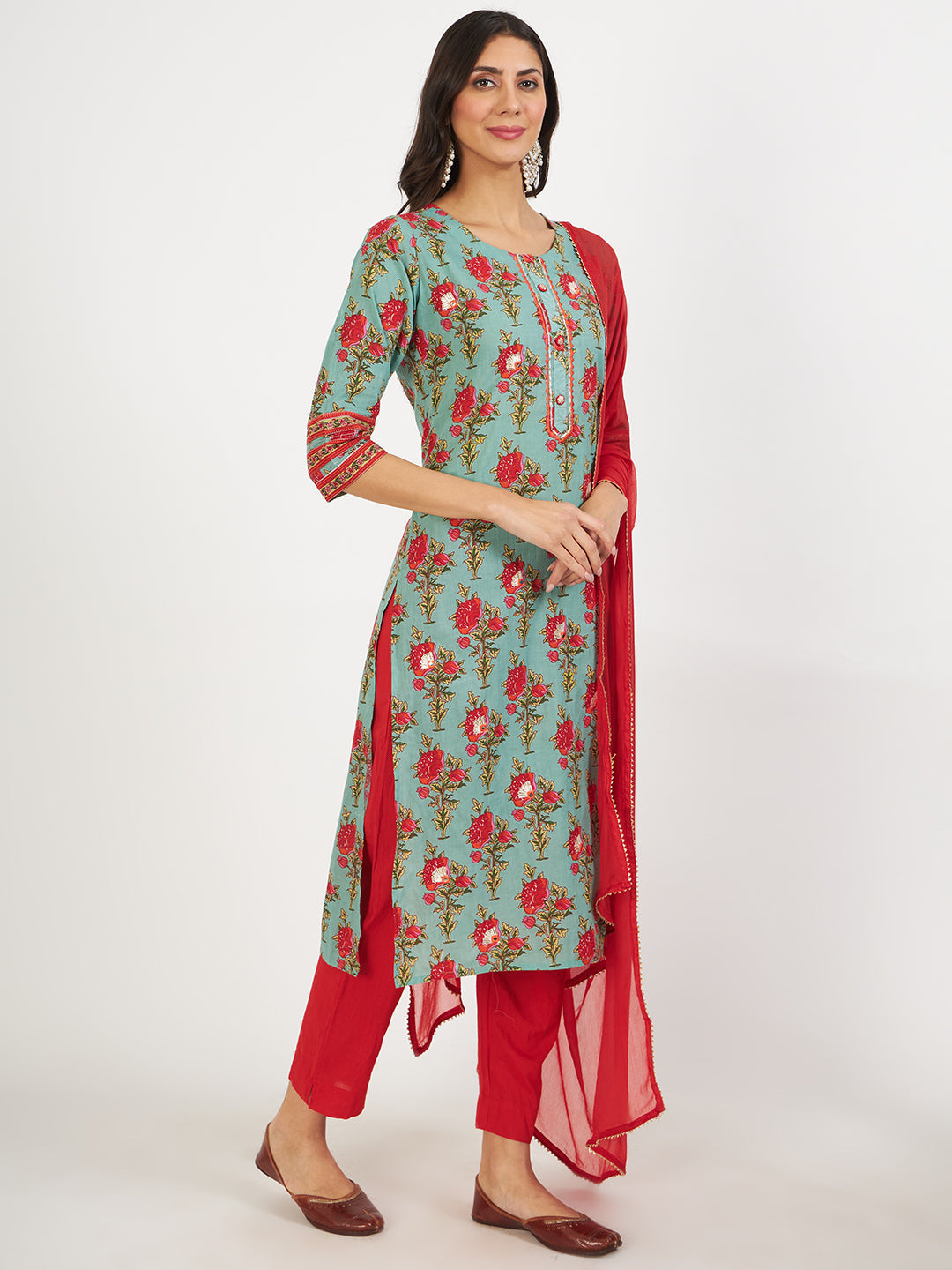 Colorful Green Floral Print Cotton Kurta for women with red pants and dupatta set