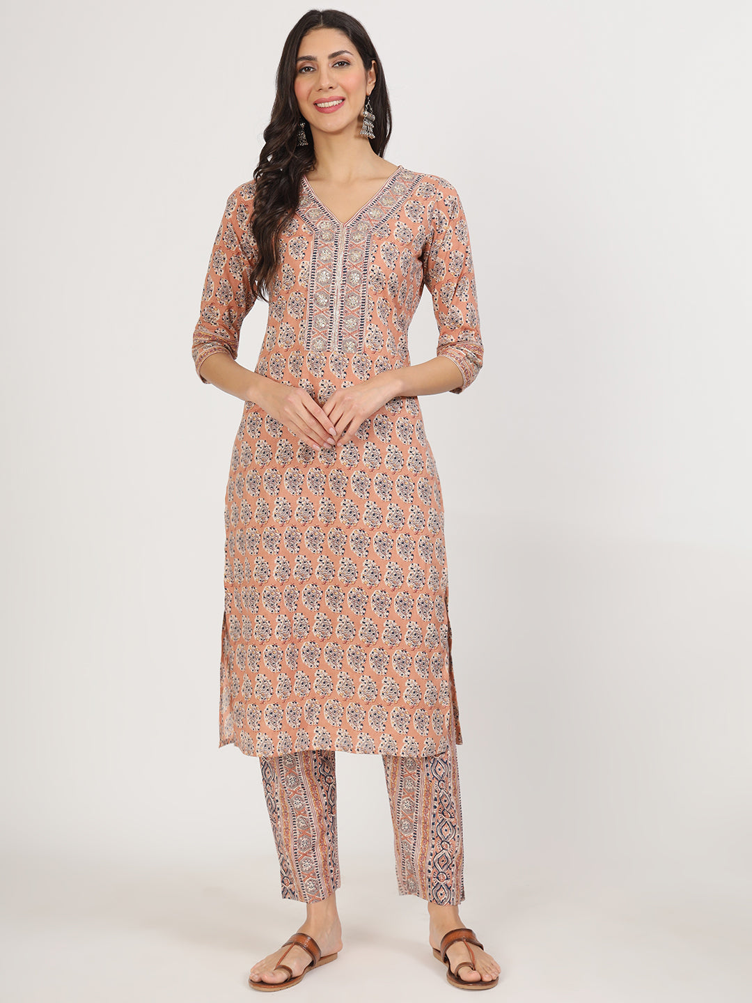 Floral printed brown embroidered cotton kurta pants set with pastel colors and detailing