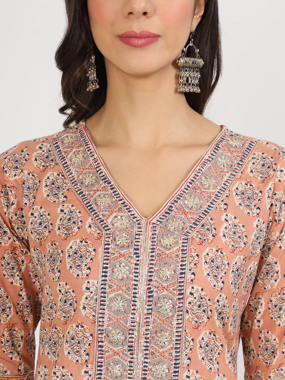 Peach floral embroidered neckline on Brown Embroidered Cotton Kurta Pants set