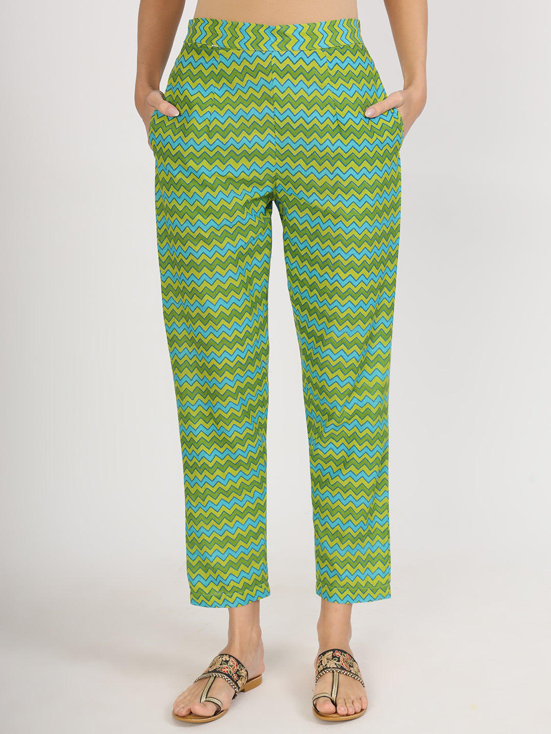 Colorful zigzag patterned pants in green and yellow for Floral Print Cotton Kurta set