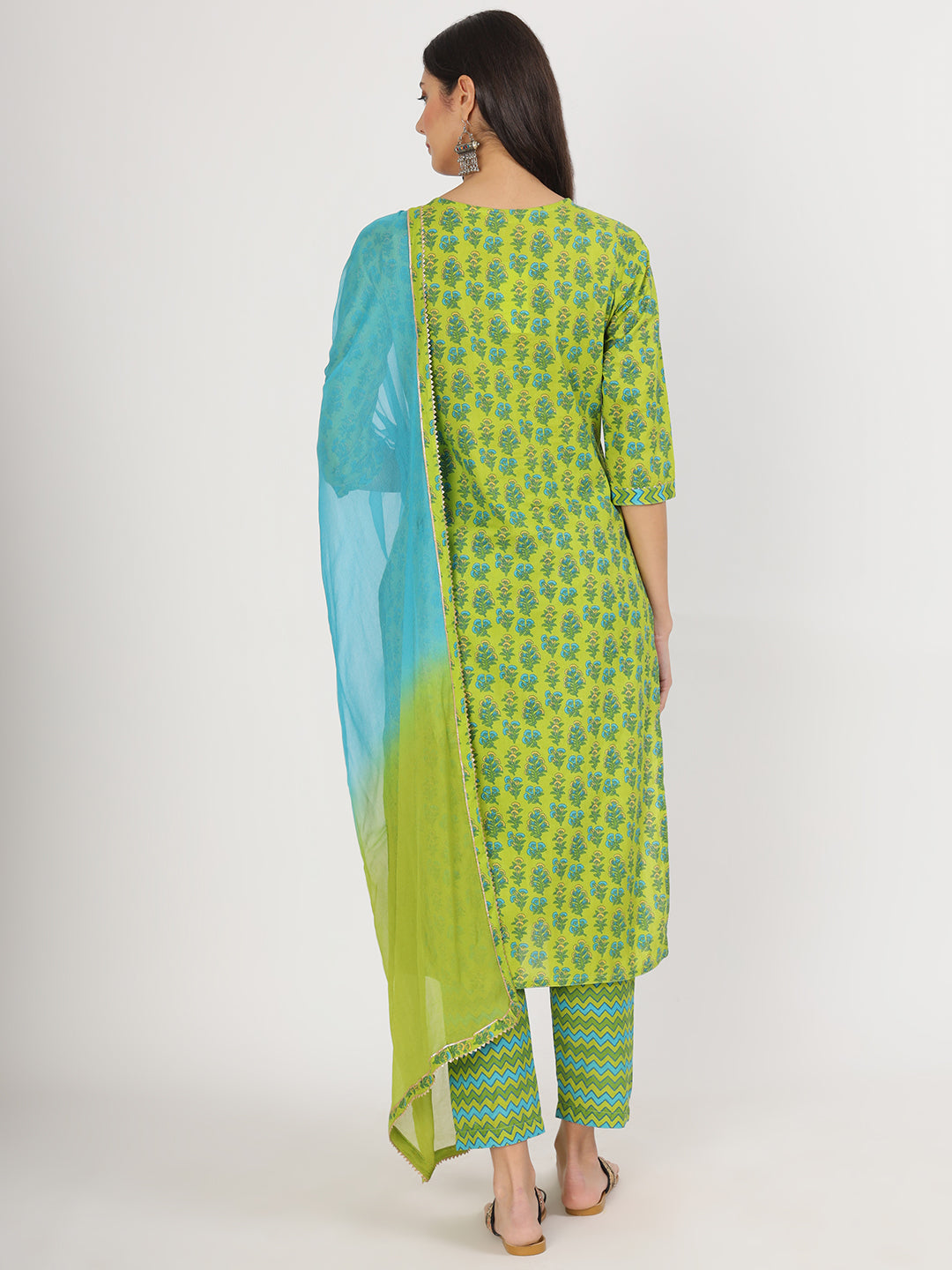 Green Floral Print Cotton Kurta Pants set with Ombre Dupatta for Women by Unicorn Fashion