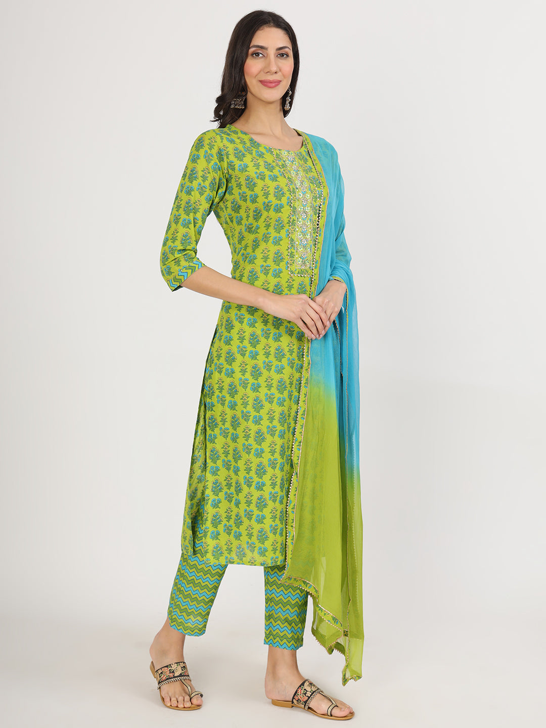 Bright green floral print cotton kurta pants with matching dupatta for women by Unicorn Fashion