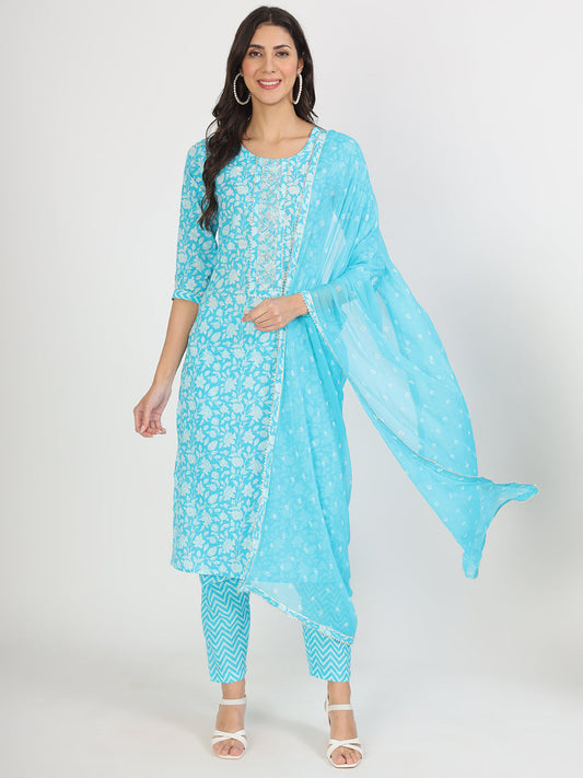 Turquoise blue floral print cotton kurta set for women with matching dupatta