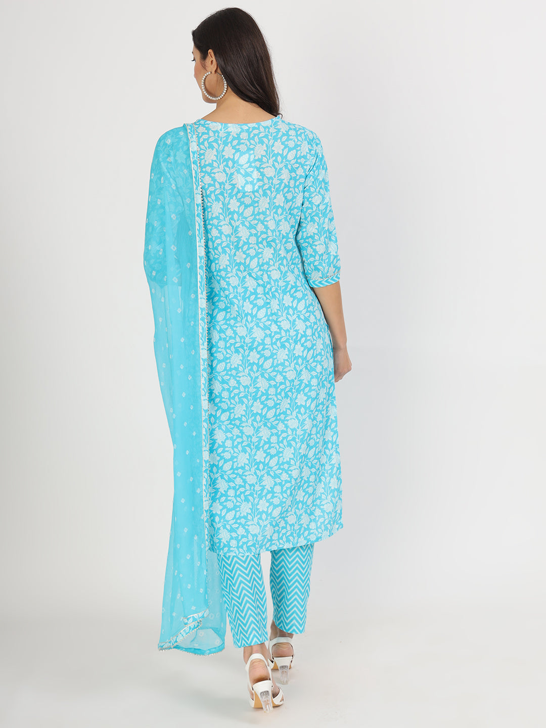 Turquoise blue floral print cotton kurta set for women with matching dupatta