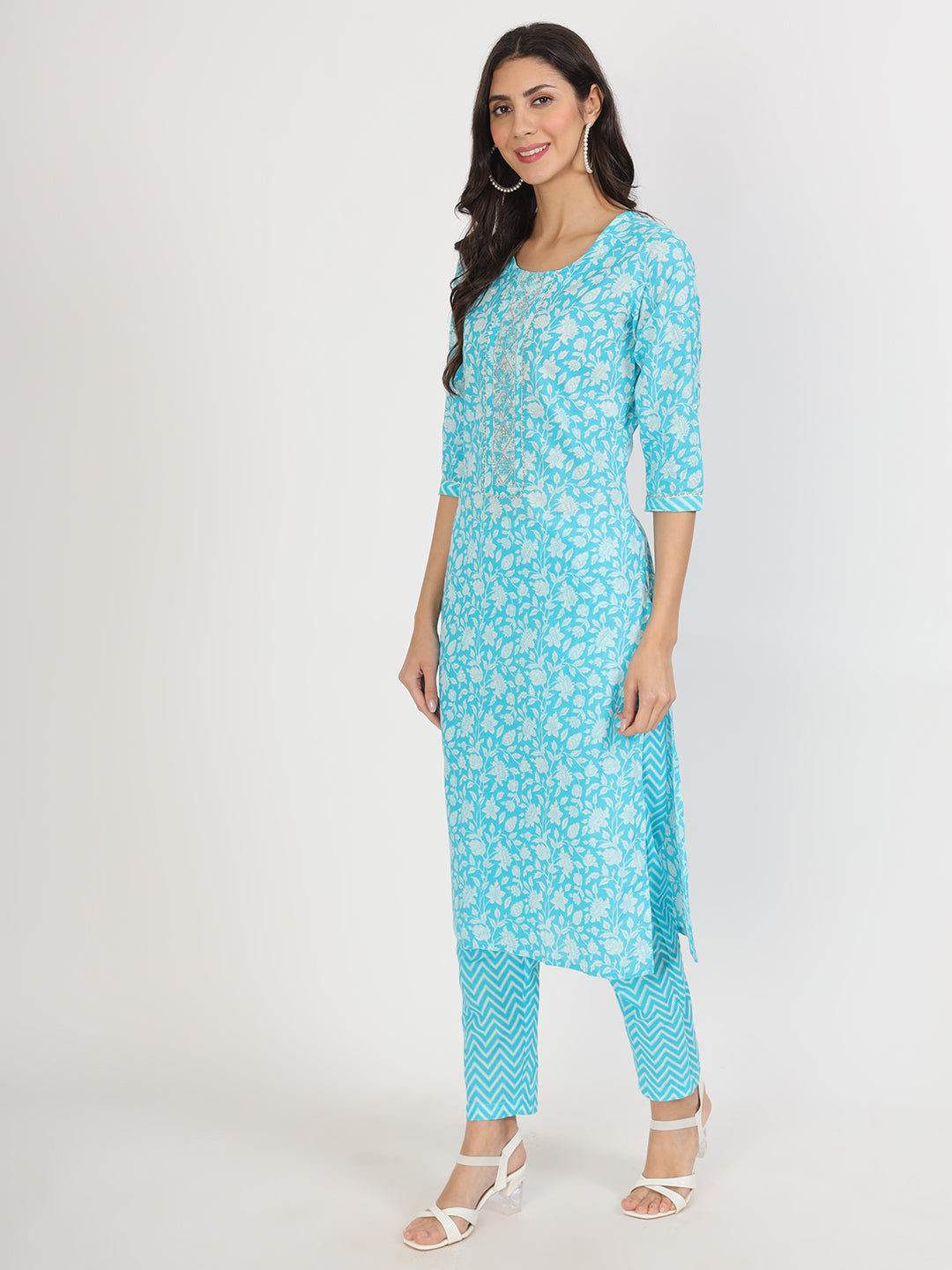 Turquoise blue floral print cotton kurta set for women with matching pants