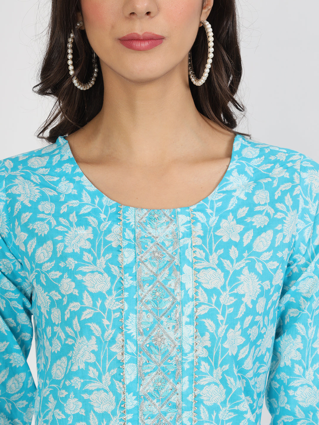 Turquoise blue floral print cotton kurta set for women with round neckline design