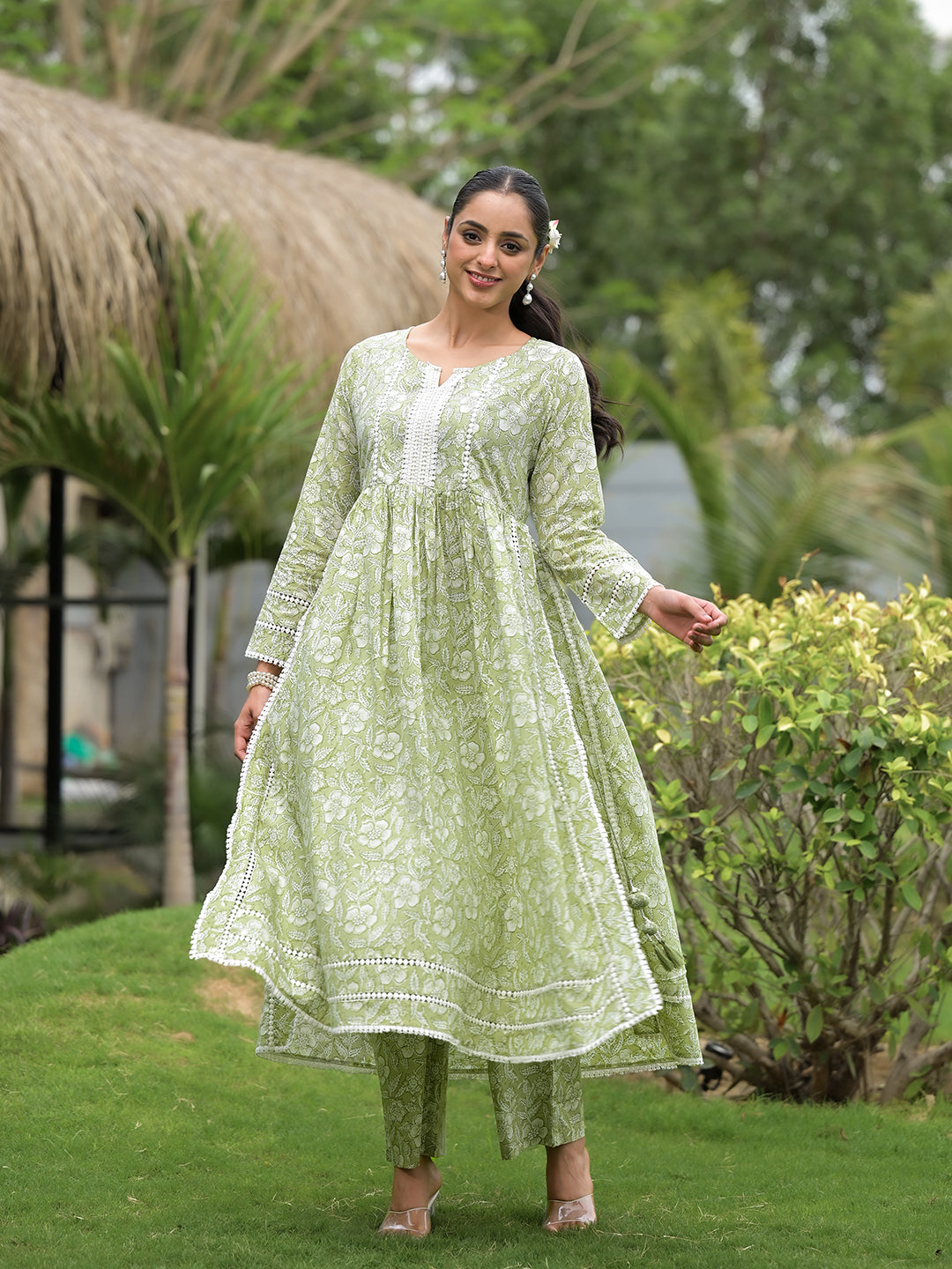 Light green floral printed anarkali dress and matching pants in Green Floral Print Cotton Nyra Cut Kurta Pant Set