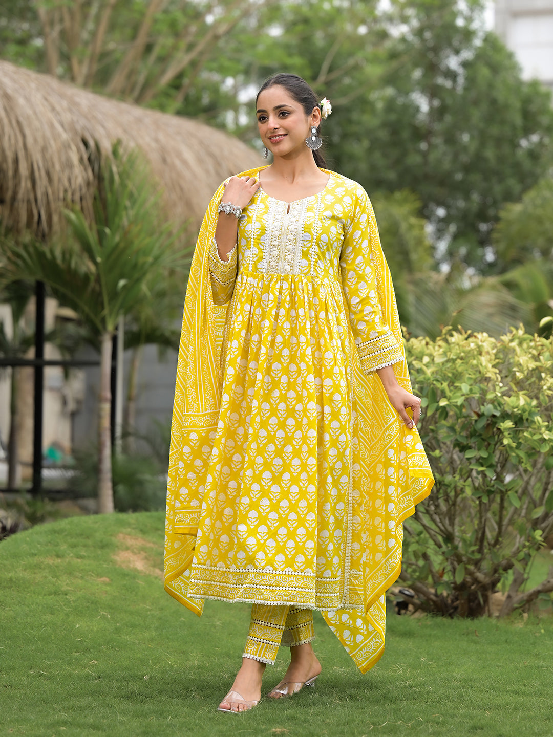 Bright yellow floral print cotton kurta pants with matching dupatta for women