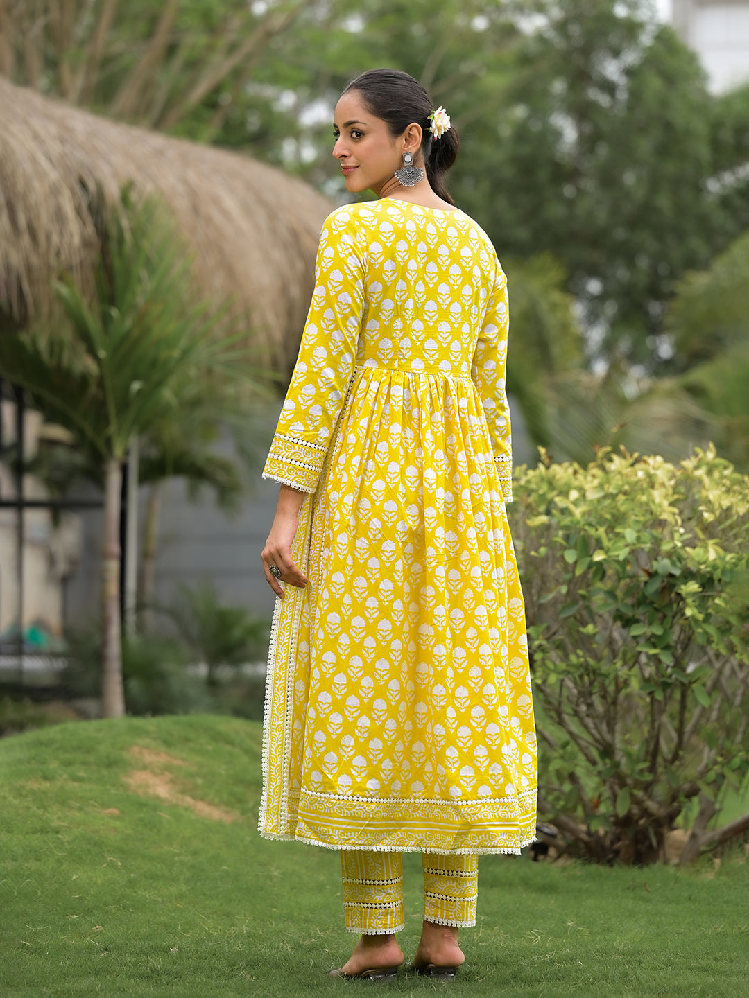 Bright yellow floral print cotton kurta pants with dupatta set for women