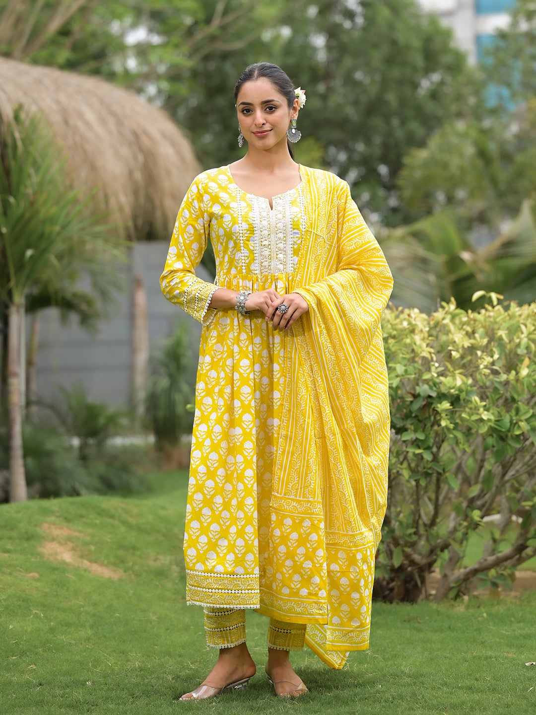 Bright yellow floral print cotton kurta pants with dupatta set for women