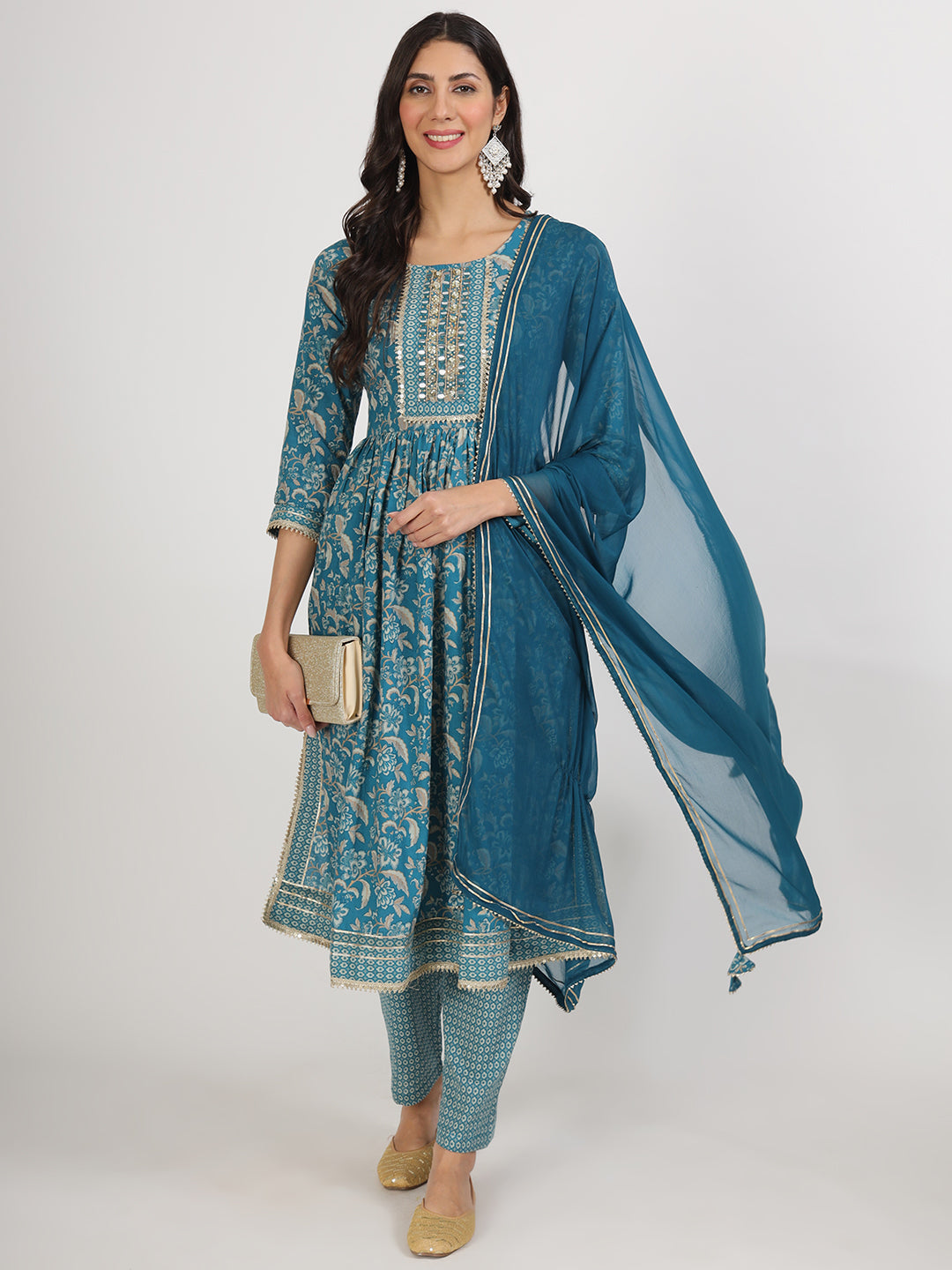 Teal Blue Floral Print Cotton Nyra Cut Kurta with matching pants and dupatta set