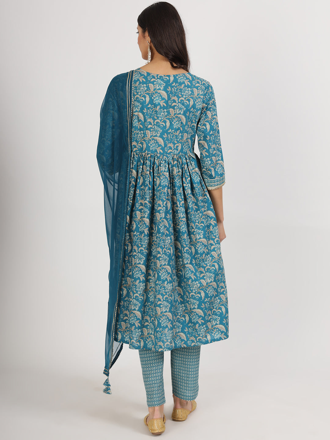 Teal blue floral print Nyra cut kurta with matching pants and dupatta set