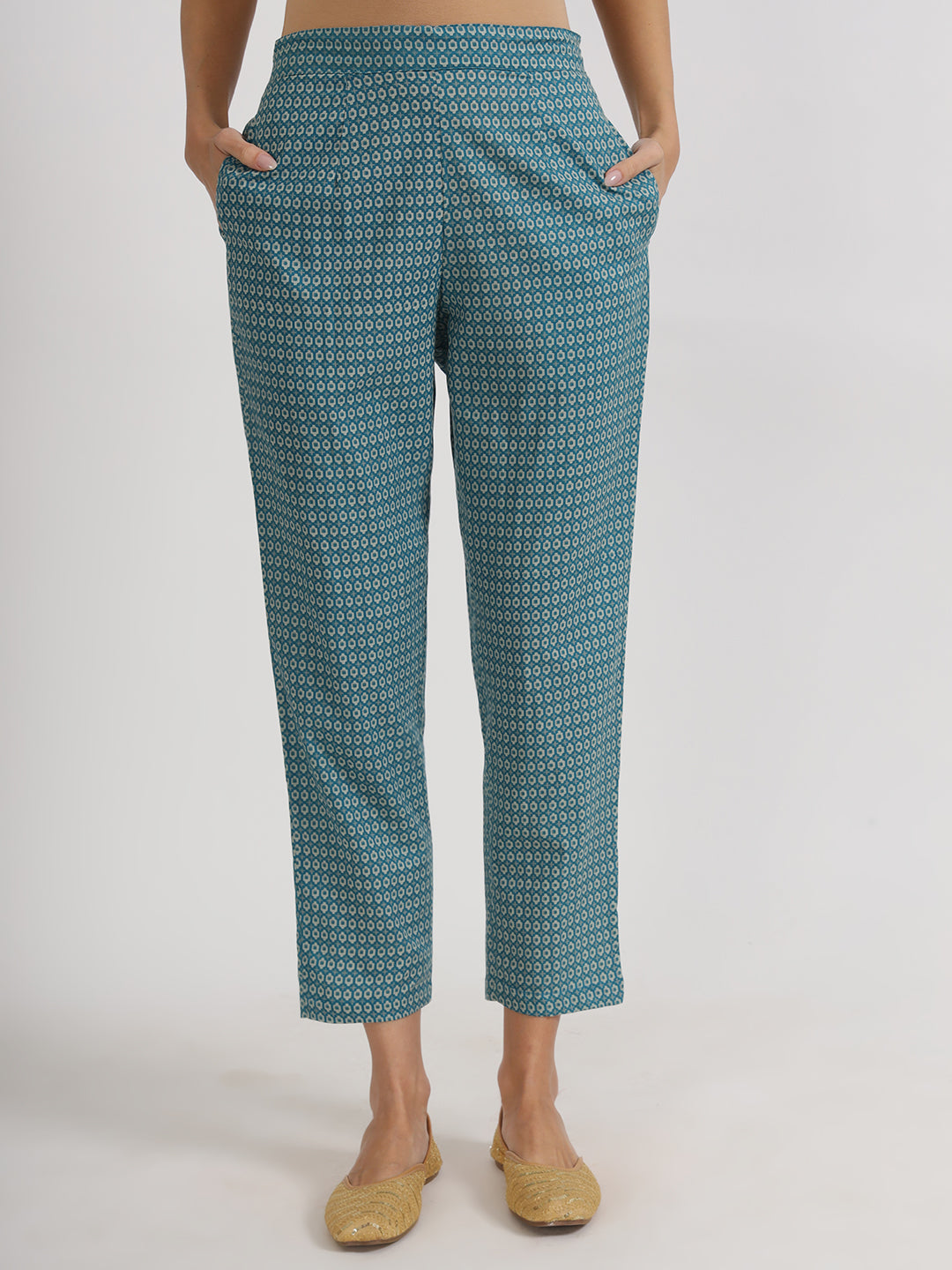 Teal blue floral patterned cropped trousers with pockets from Nyra Cut Kurta set