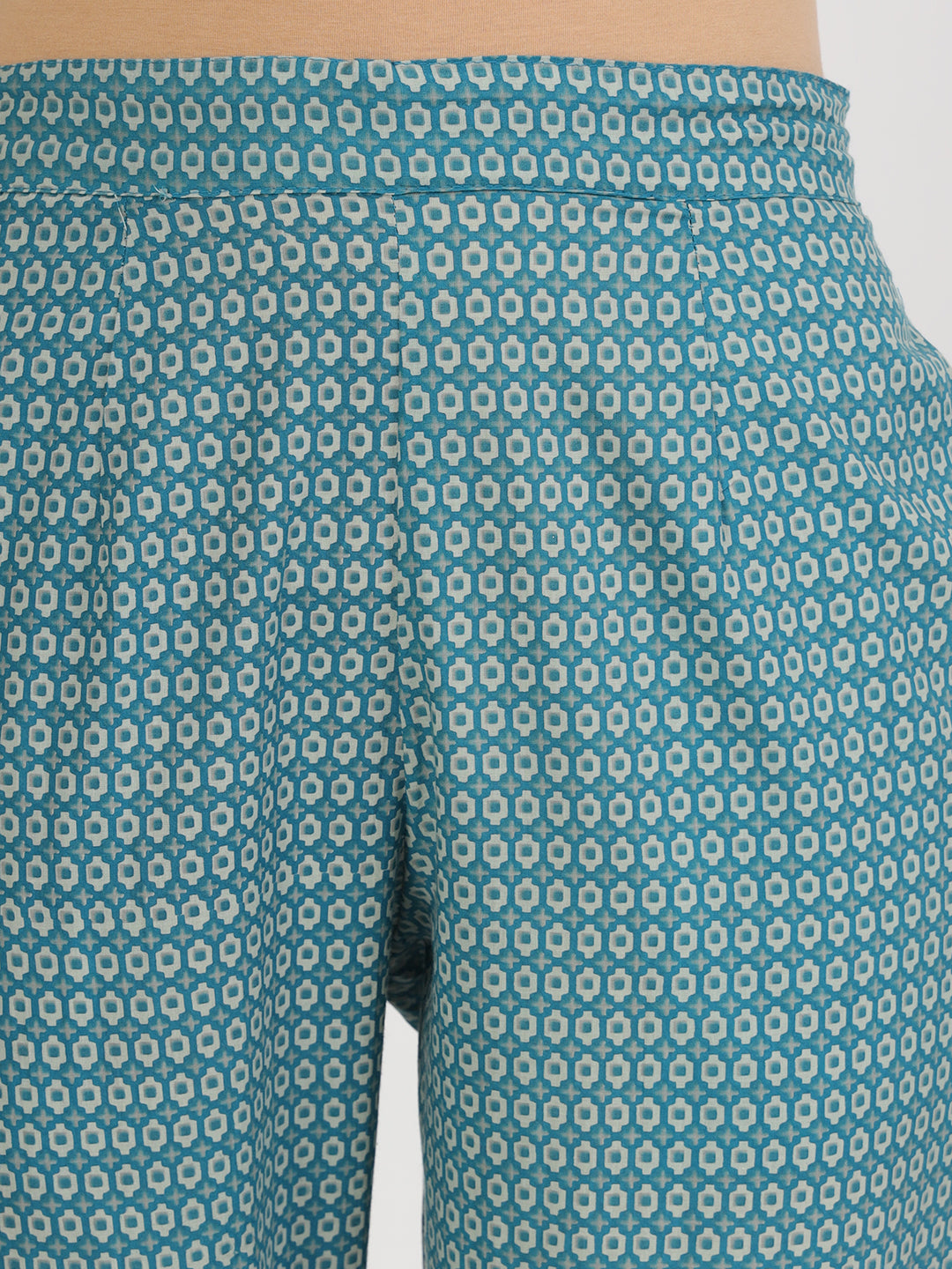 Teal Blue Floral Print Cotton Nyra Cut Kurta Pants showcasing a geometric design