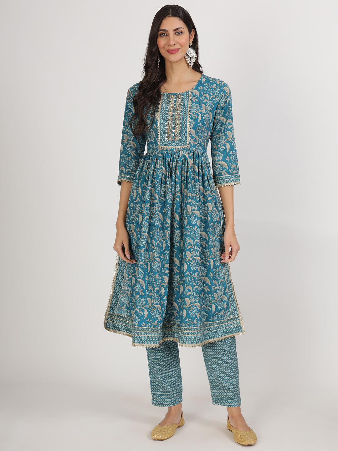 Teal Blue Floral Print Cotton Nyra Cut Kurta with matching pants and dupatta set